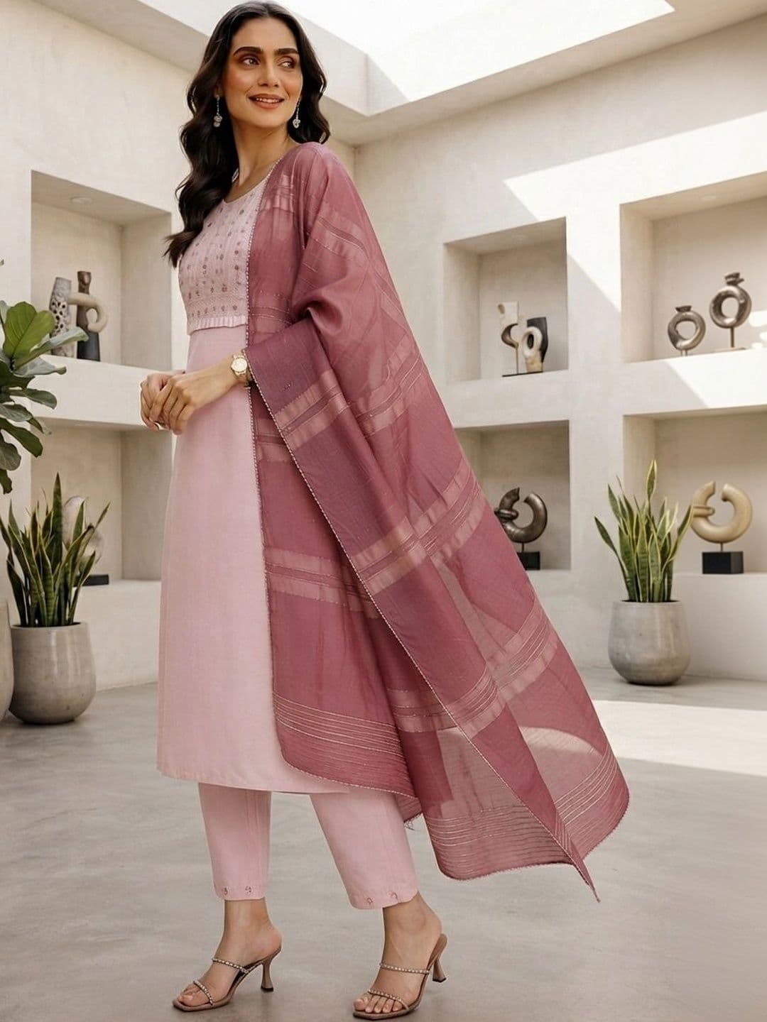 KALINI Women Ethnic Motifs Embroidered Regular Thread Work Chanderi Cotton Kurta with Trousers & With Dupatta thumbnail 5