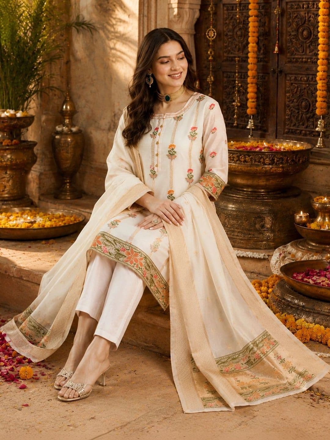 Mitera Women Ethnic Motifs Embroidered Regular Thread Work Chanderi Silk Kurta with Trousers & With Dupatta thumbnail 5