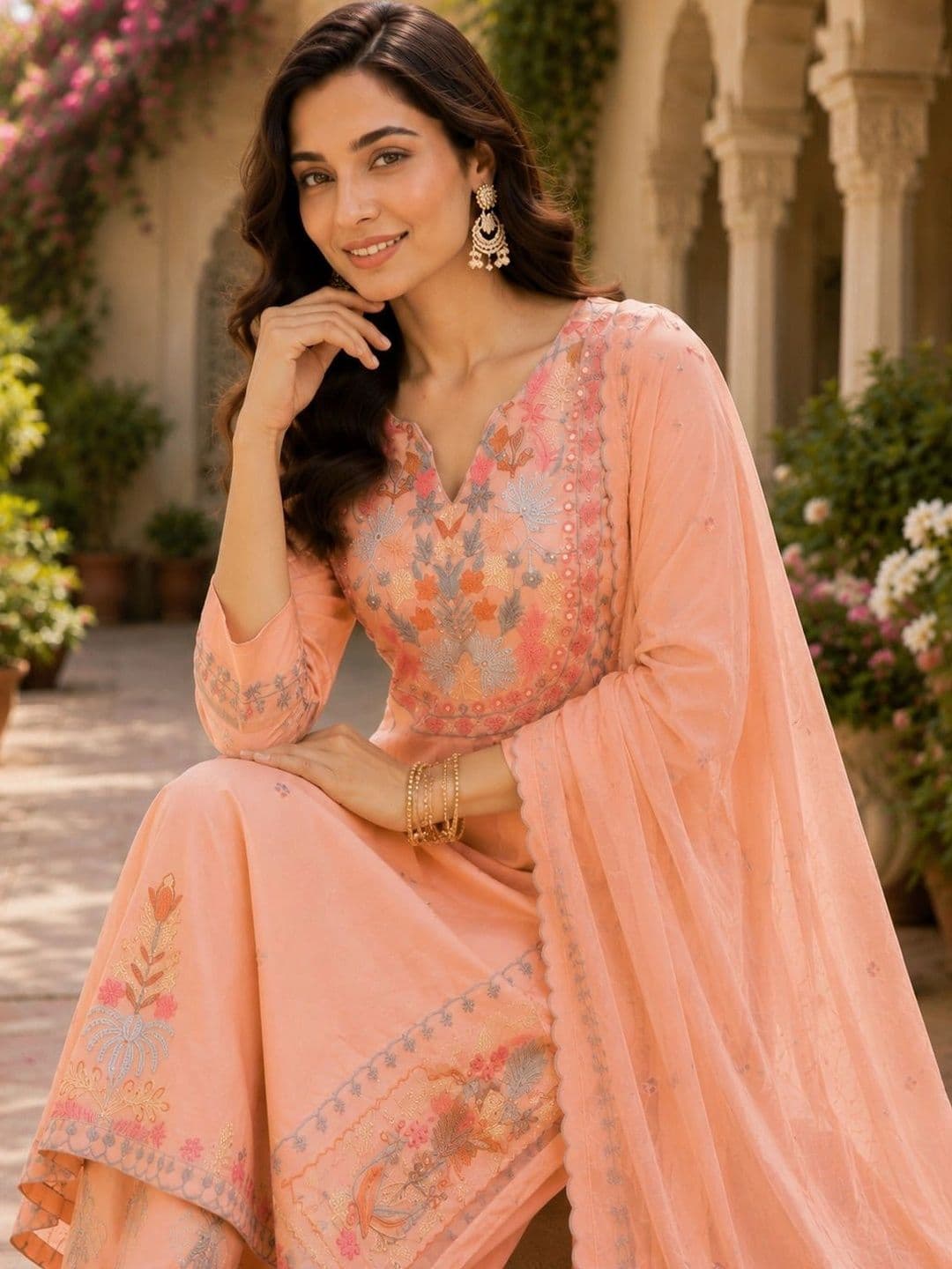 Mitera Women Ethnic Motifs Embroidered Regular Kurta with Palazzos & With Dupatta thumbnail 5