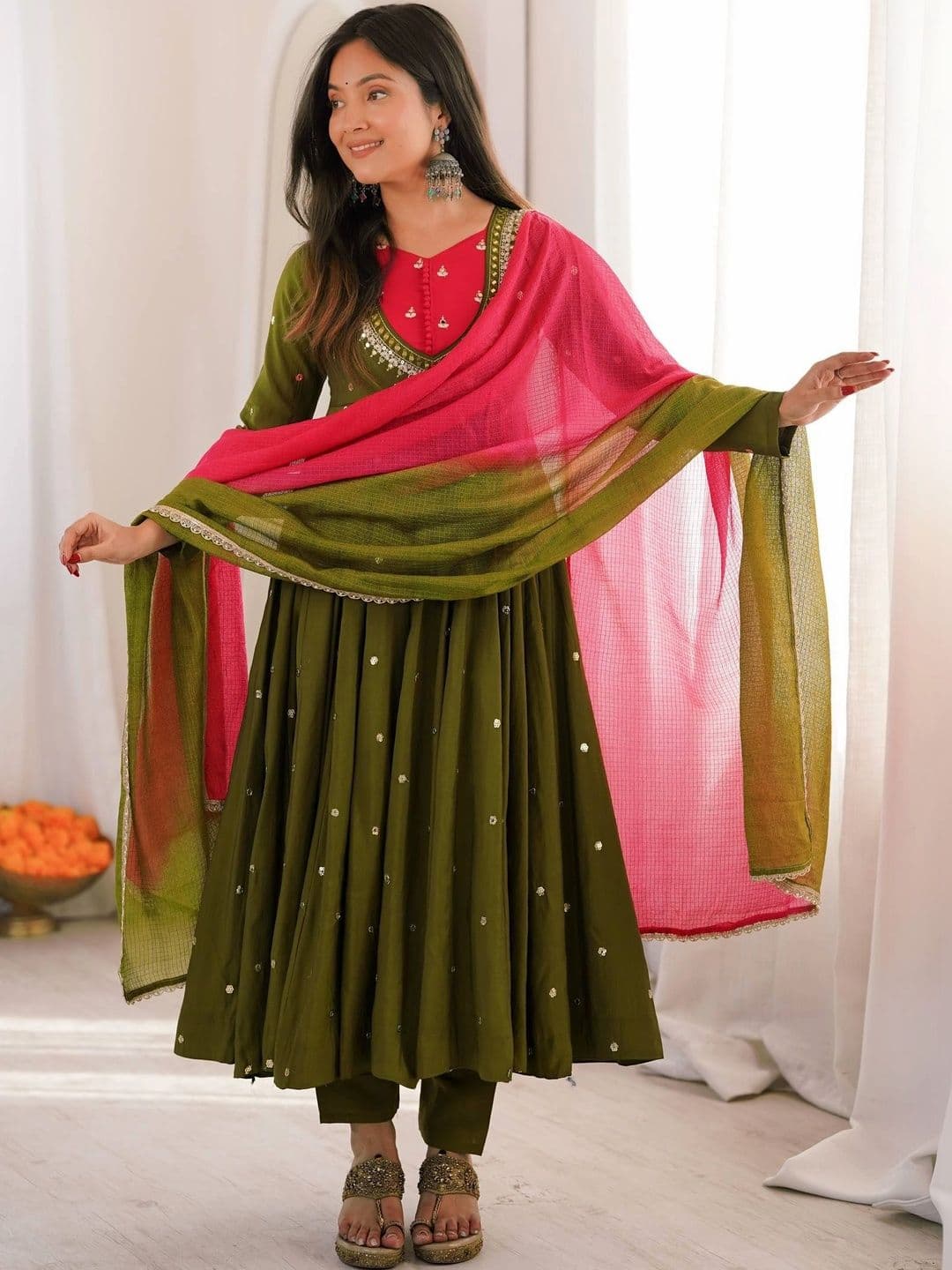 VASTRABELLA Women Embroidered Empire Sequinned Kurta with Trousers & With Dupatta thumbnail 3