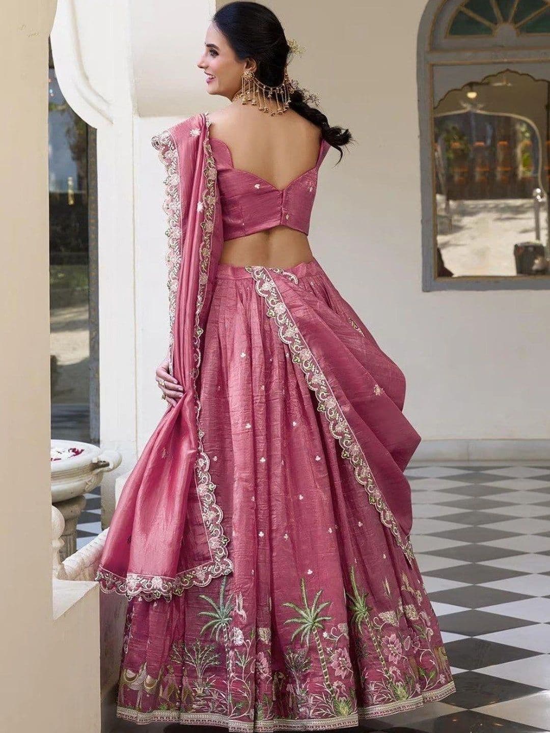 BLUSH STREET Embroidered Thread Work Semi-Stitched Lehenga & Blouse With Dupatta thumbnail 3