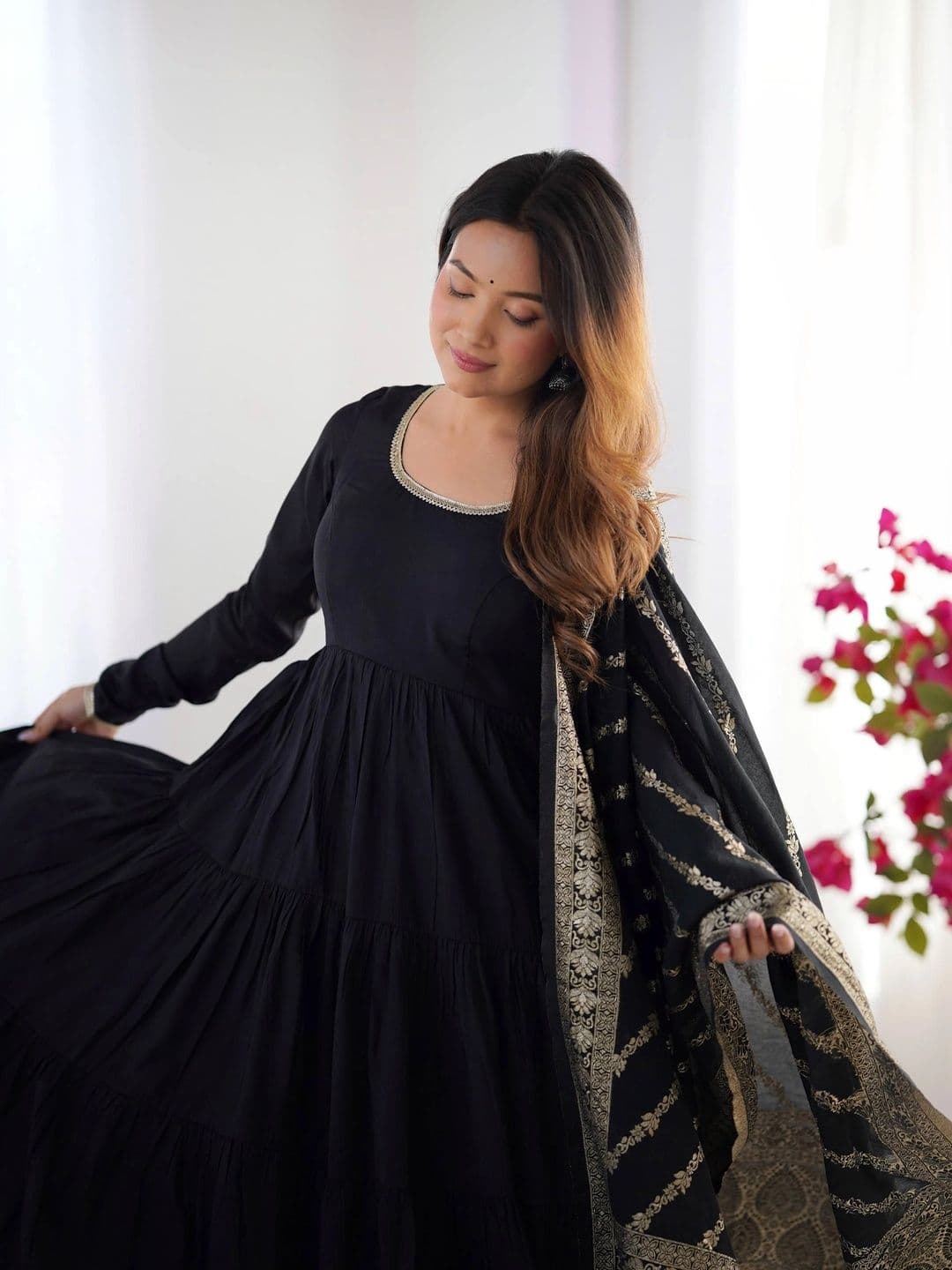 VASTRABELLA Women Ethnic Motifs Tiered Chanderi Silk Kurta with Trousers & With Dupatta thumbnail 6