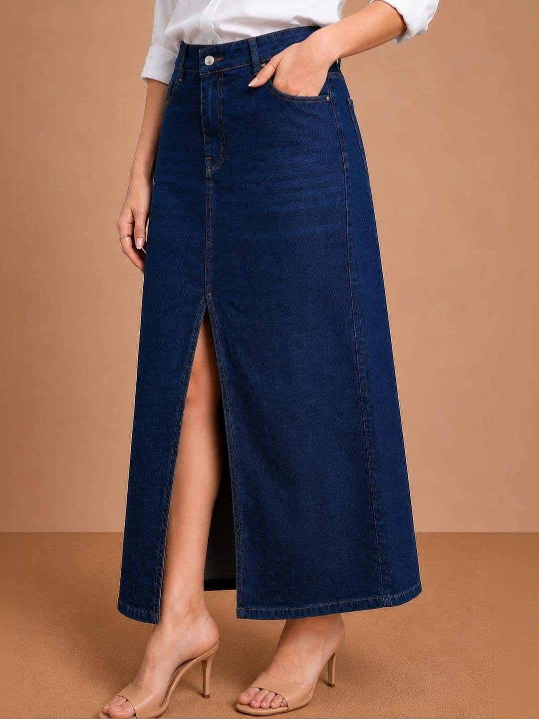 Mast & Harbour Women Denim Front Slit Maxi A-Line Skirt thumbnail 4