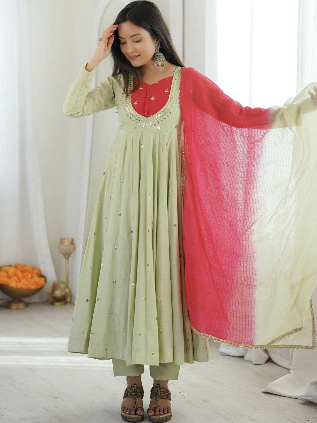 VASTRABELLA Women Embroidered Empire Mirror Work Kurta with Trousers & With Dupatta thumbnail 4