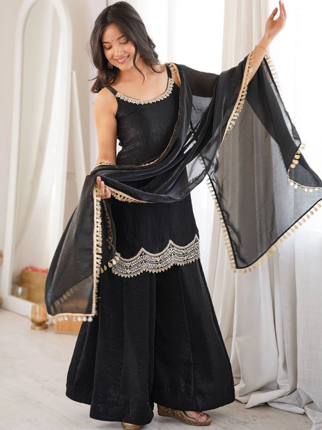 VASTRABELLA Women Ethnic Motifs Regular Gotta Patti Pure Silk Kurta with Sharara & With Dupatta thumbnail 2