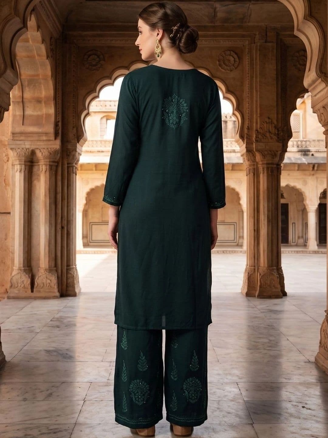 Fashion Chikan Art Women Ethnic Motifs Embroidered Regular Thread Work Kurta with Palazzos thumbnail 5