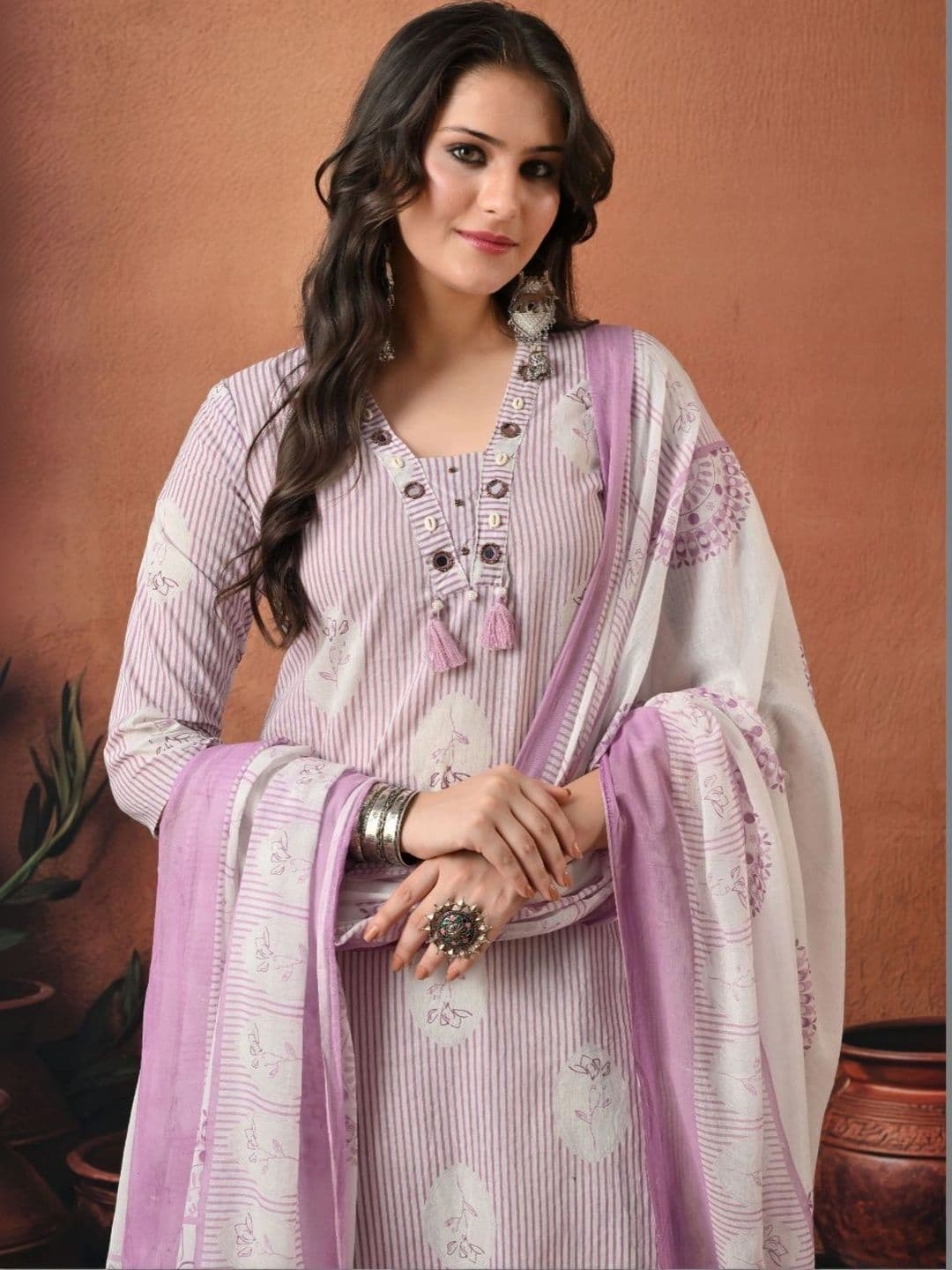 Encourage Women Ethnic Motifs Printed Regular Mirror Work Pure Cotton Kurta with Trousers & With Dupatta thumbnail 2