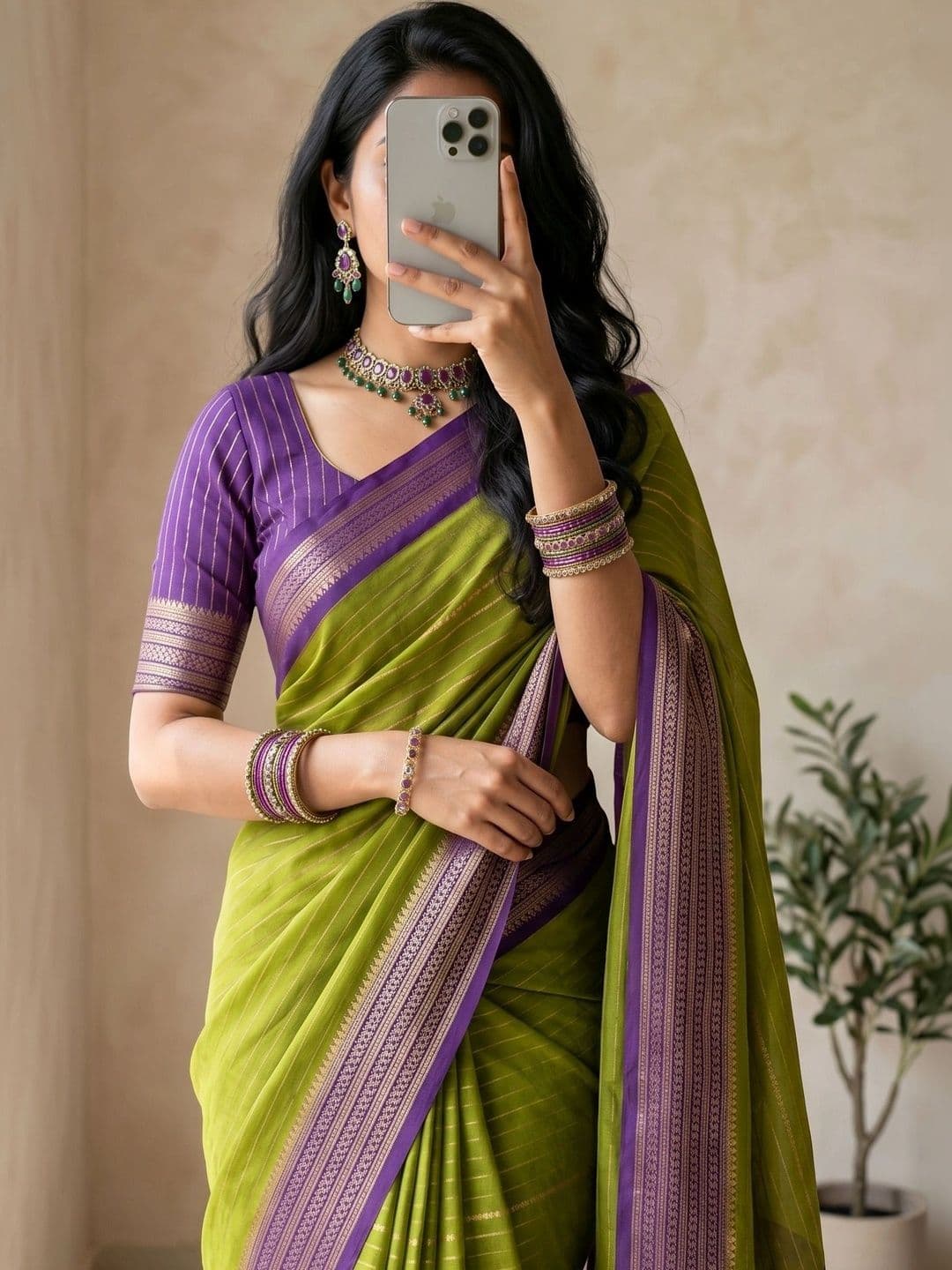 Owee Striped Zari Silk Blend Designer Saree - view 1