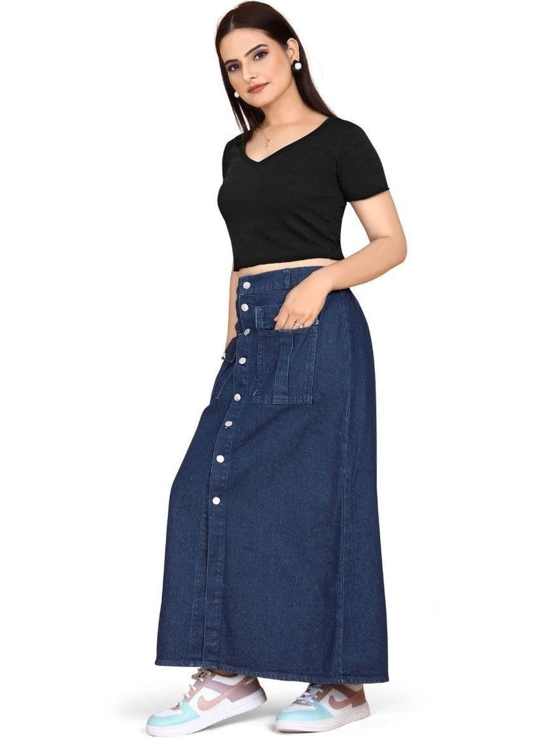THE SQUAD CLUB Women Denim Front Slit Maxi A-Line Skirt thumbnail 3