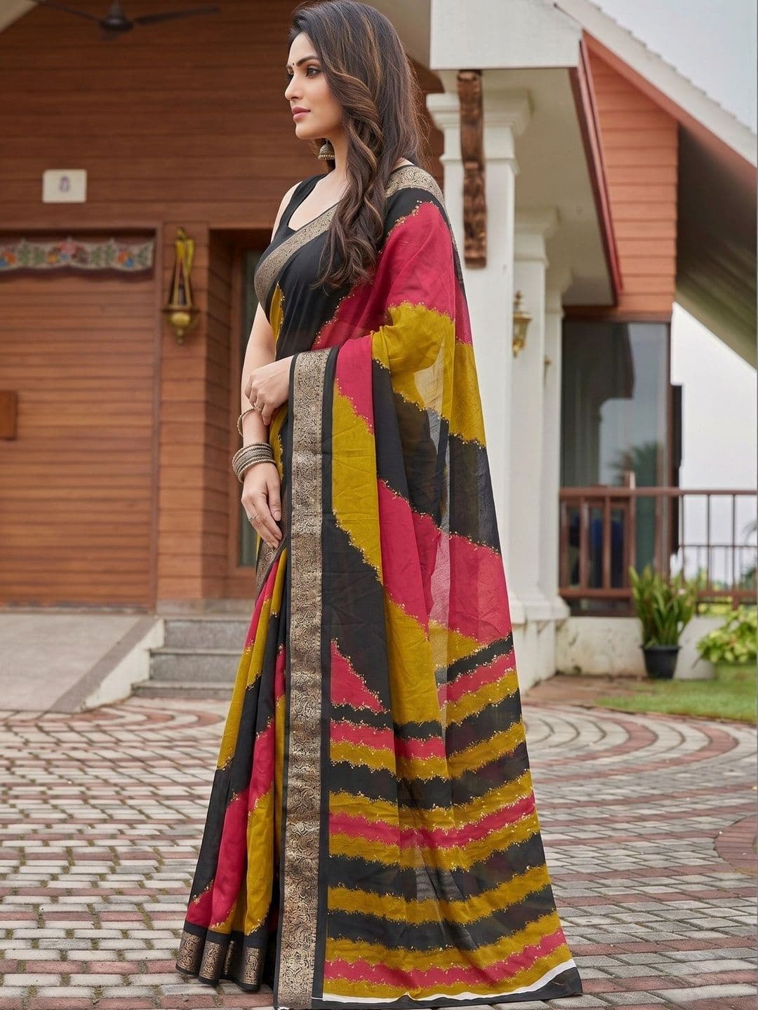 Owee Striped Zari Silk Blend Designer Saree thumbnail 3