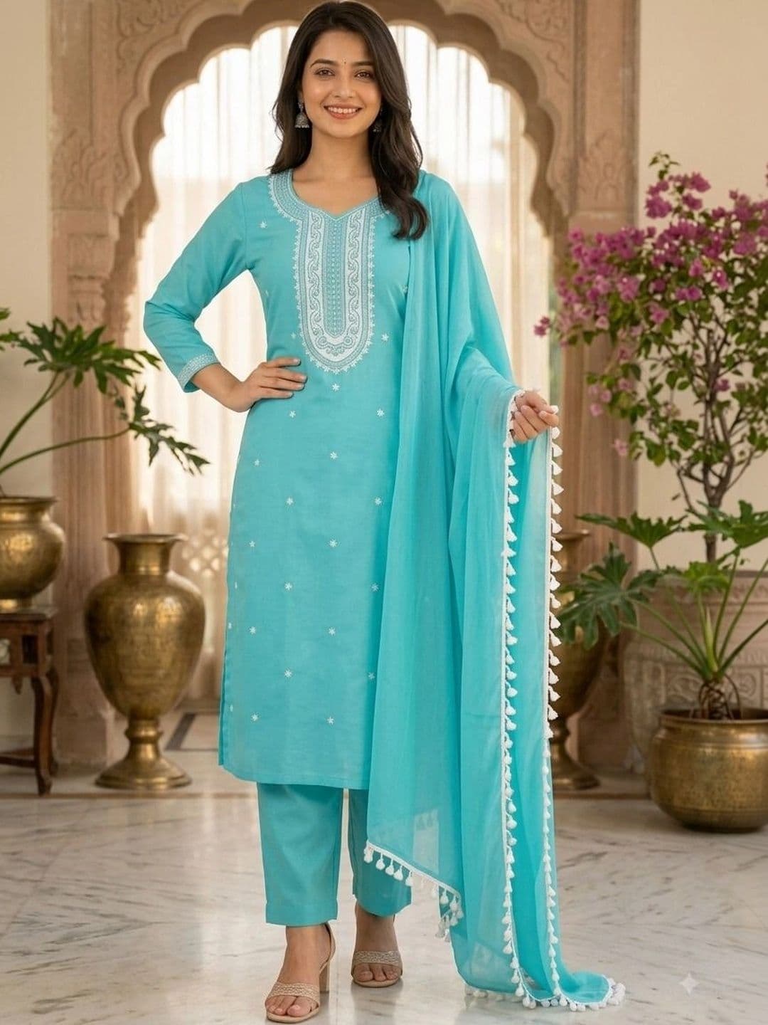 RADHEY KRISHNA CREATION Women Ethnic Motifs Embroidered Regular Thread Work Kurta with Trousers & With thumbnail 4
