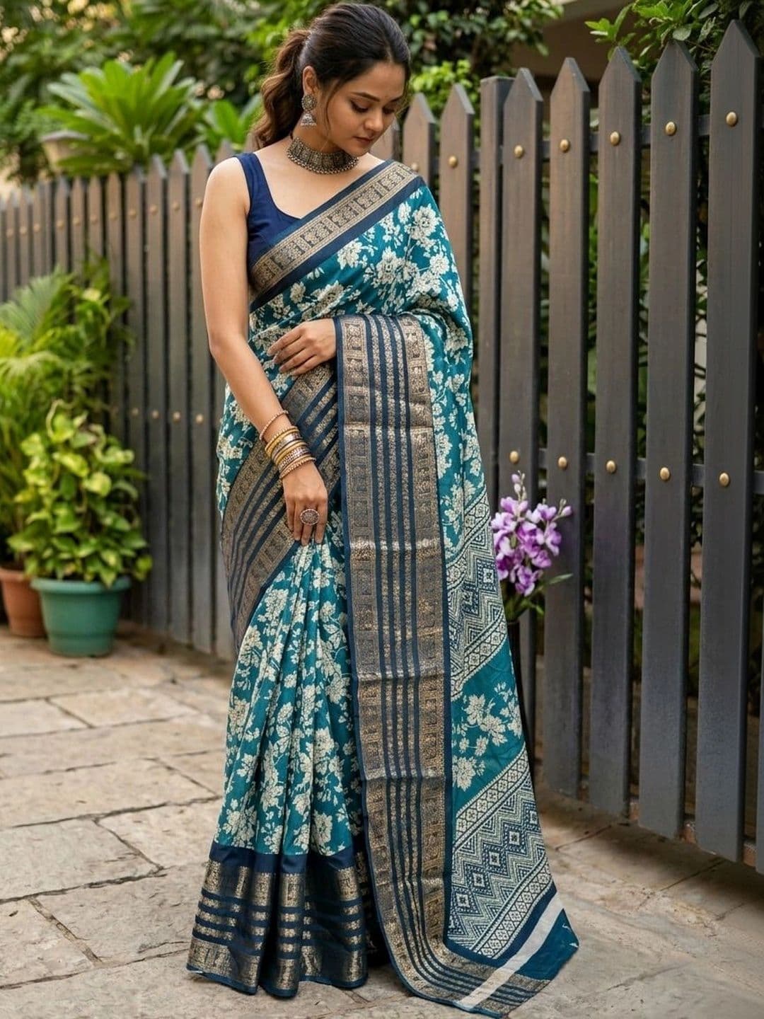 Owee Floral Zari Silk Blend Designer Saree - view 1