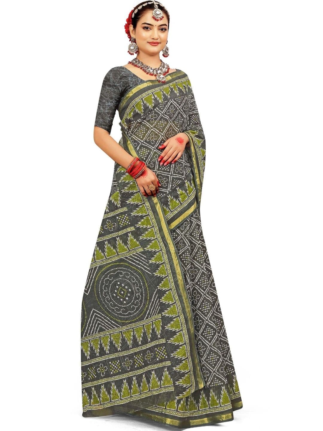 SONARIKA CREATION Bandhani Pure Cotton Handloom Block Print Saree thumbnail 5