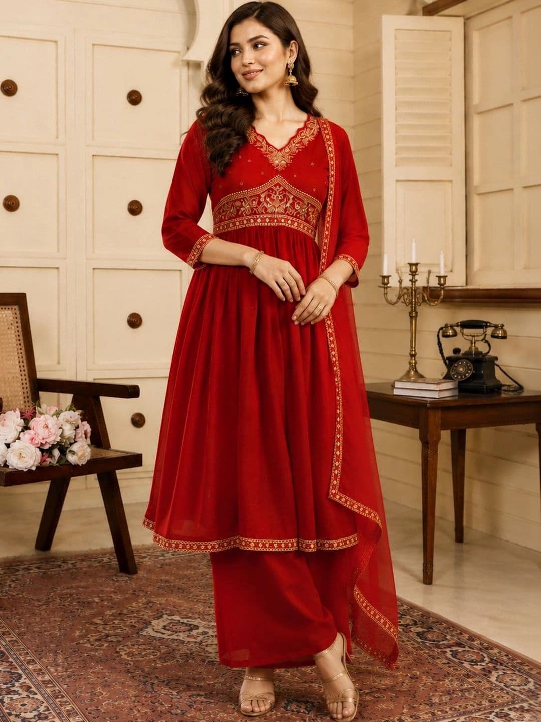 Mitera Women Ethnic Motifs Embroidered Empire Kurta with Palazzos & With Dupatta thumbnail 4