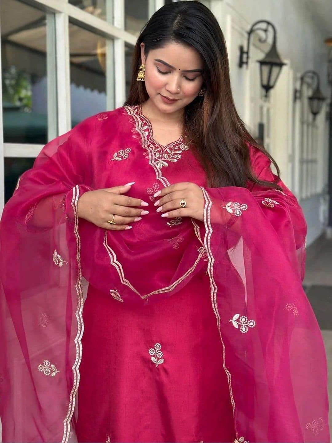 FIC FUSION CULTURE Women Ethnic Motifs Embroidered Regular Thread Work Kurta with Trousers & With Dupatta thumbnail 6