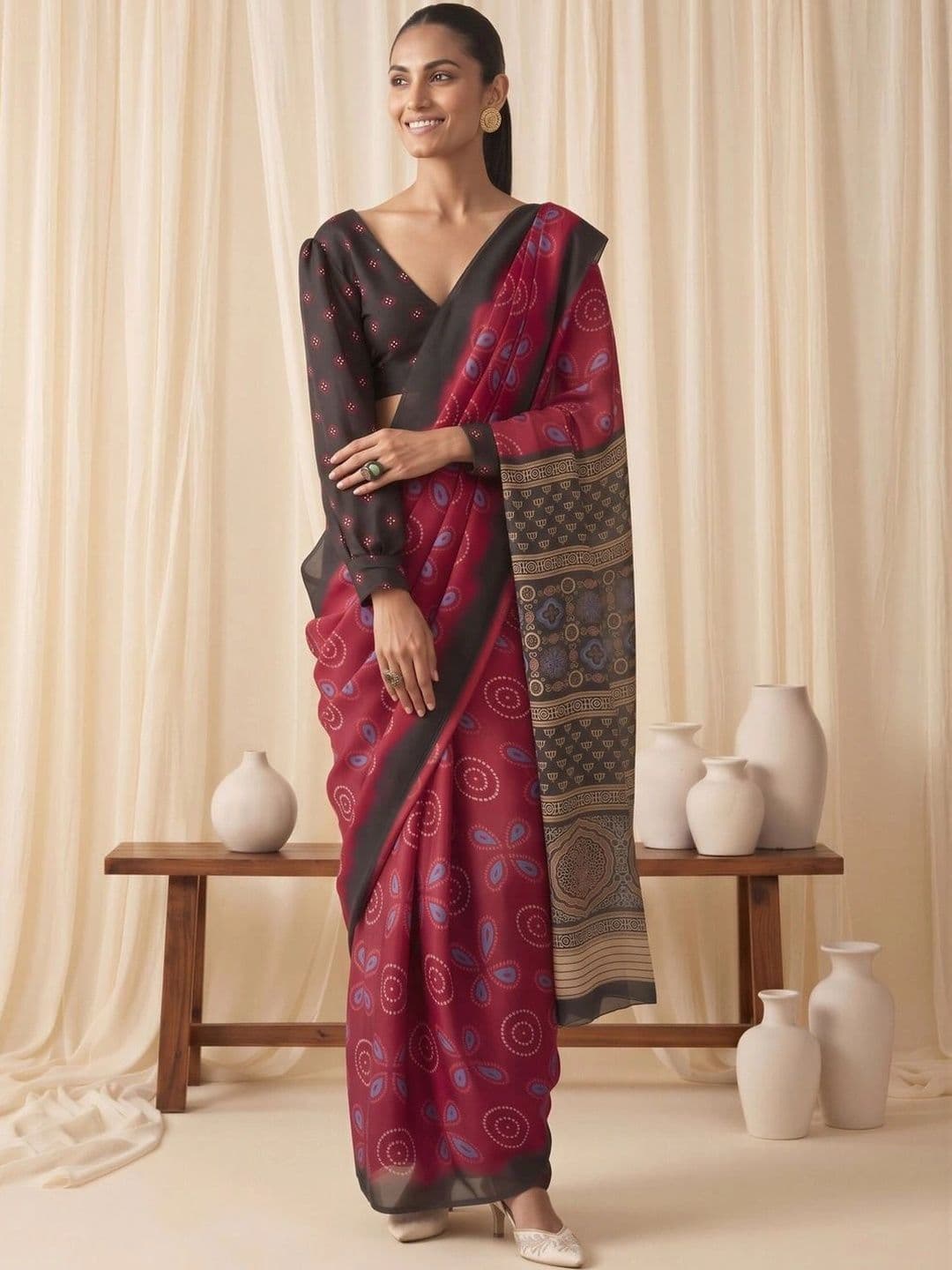 Saree mall Bandhani Satin Designer Block Print Sarees thumbnail 2