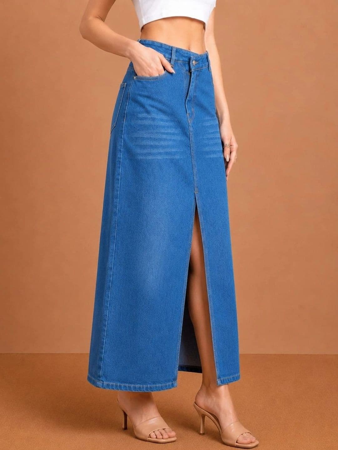 Mast & Harbour Women Denim Front Slit Maxi A-Line Skirt thumbnail 4