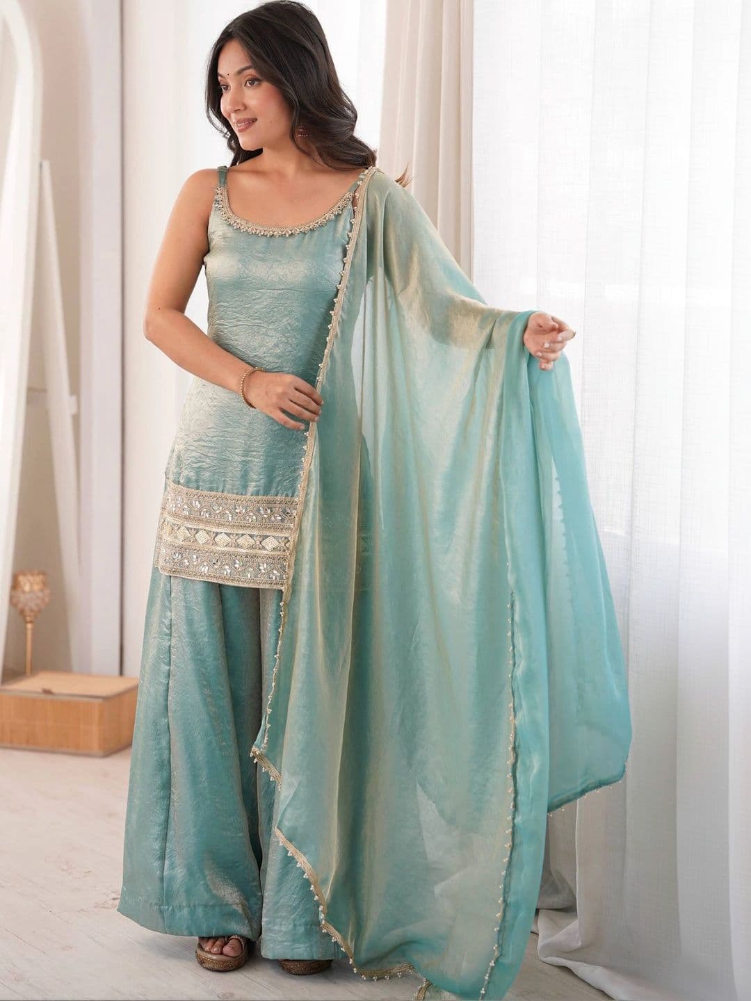 VASTRABELLA Women Ethnic Motifs Regular Sequinned Pure Silk Kurta with Sharara & With Dupatta thumbnail 7