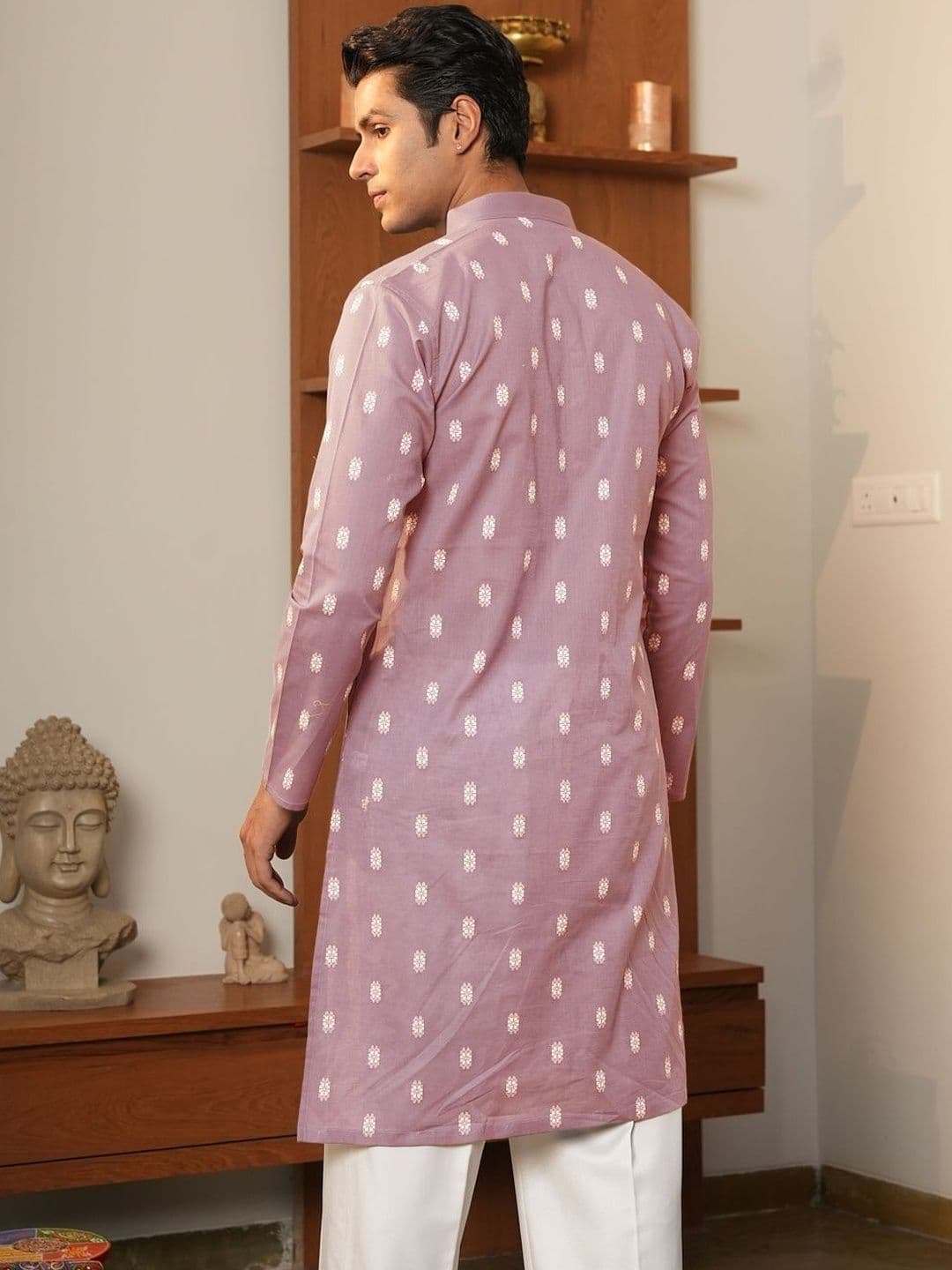 Anouk Men's Pink Self-Design Cotton Straight Kurta thumbnail 3