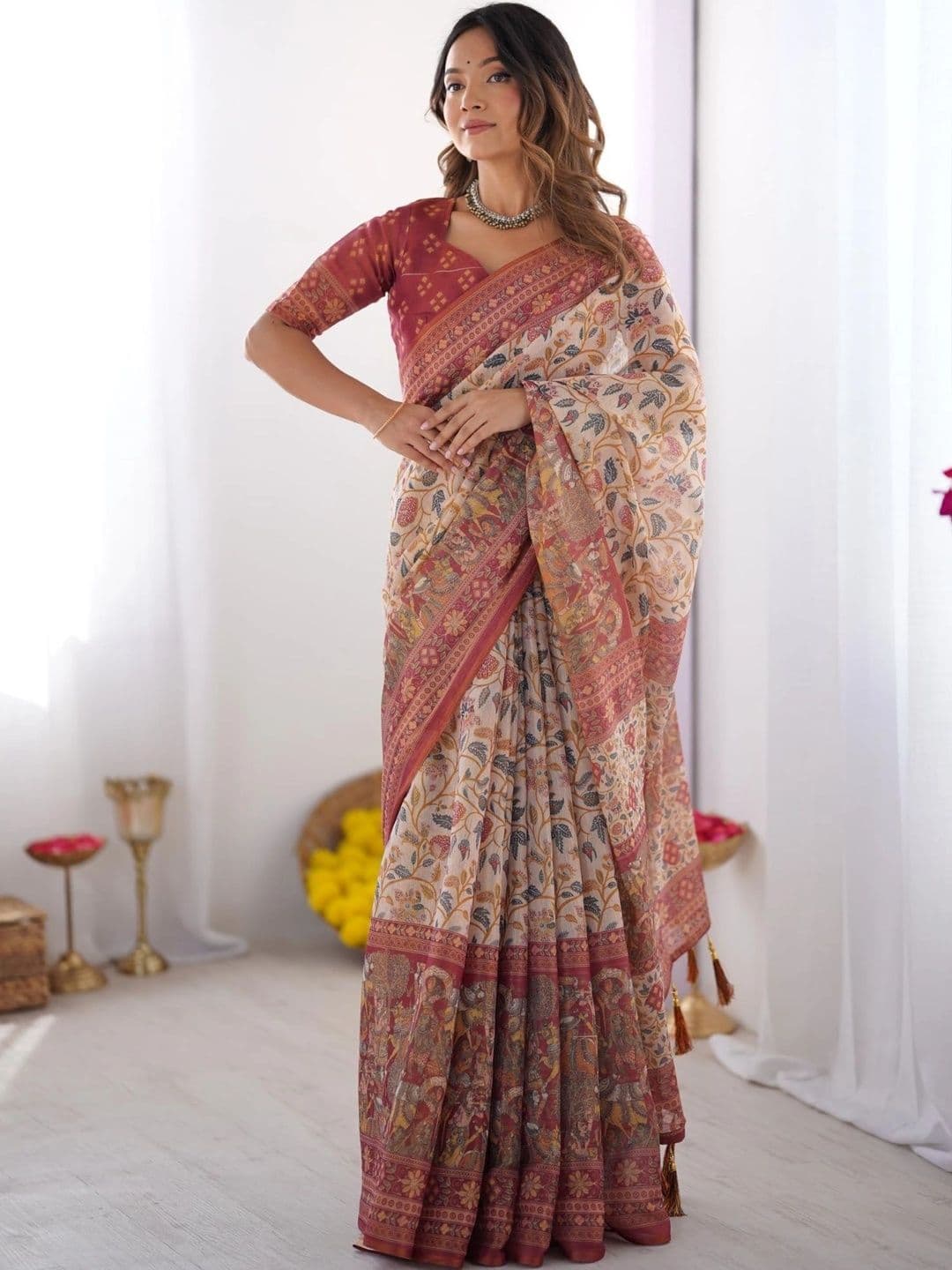 HOUSE OF PRANSHI Kalamkari Linen Blend Jamdani Saree thumbnail 2