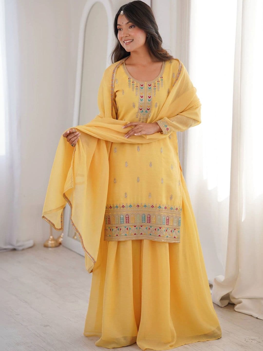 VASTRABELLA Women Ethnic Motifs Embroidered Regular Thread Work Kurta with Sharara & With Dupatta thumbnail 7