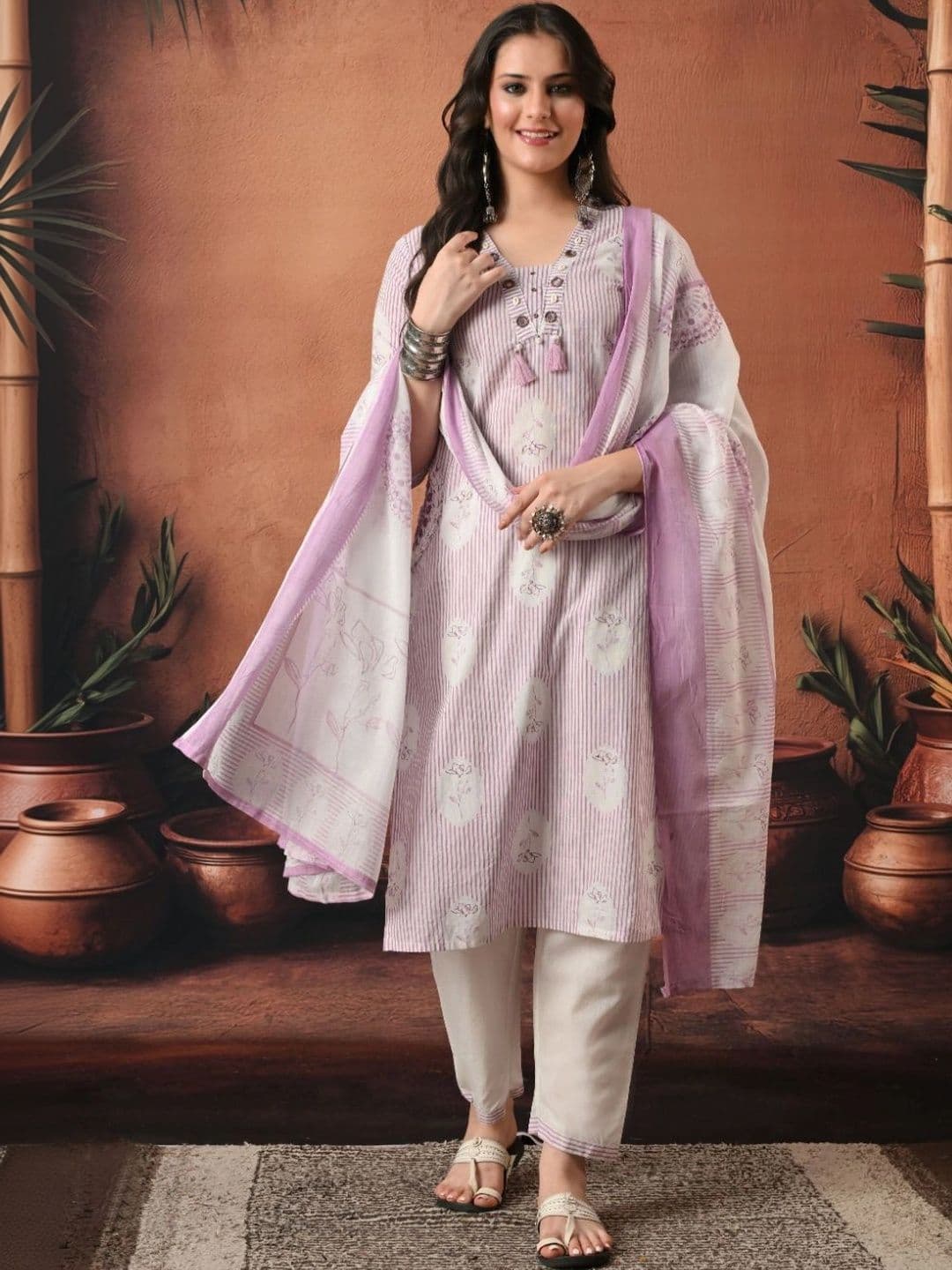 Encourage Women Ethnic Motifs Printed Regular Mirror Work Pure Cotton Kurta with Trousers & With Dupatta - view 1