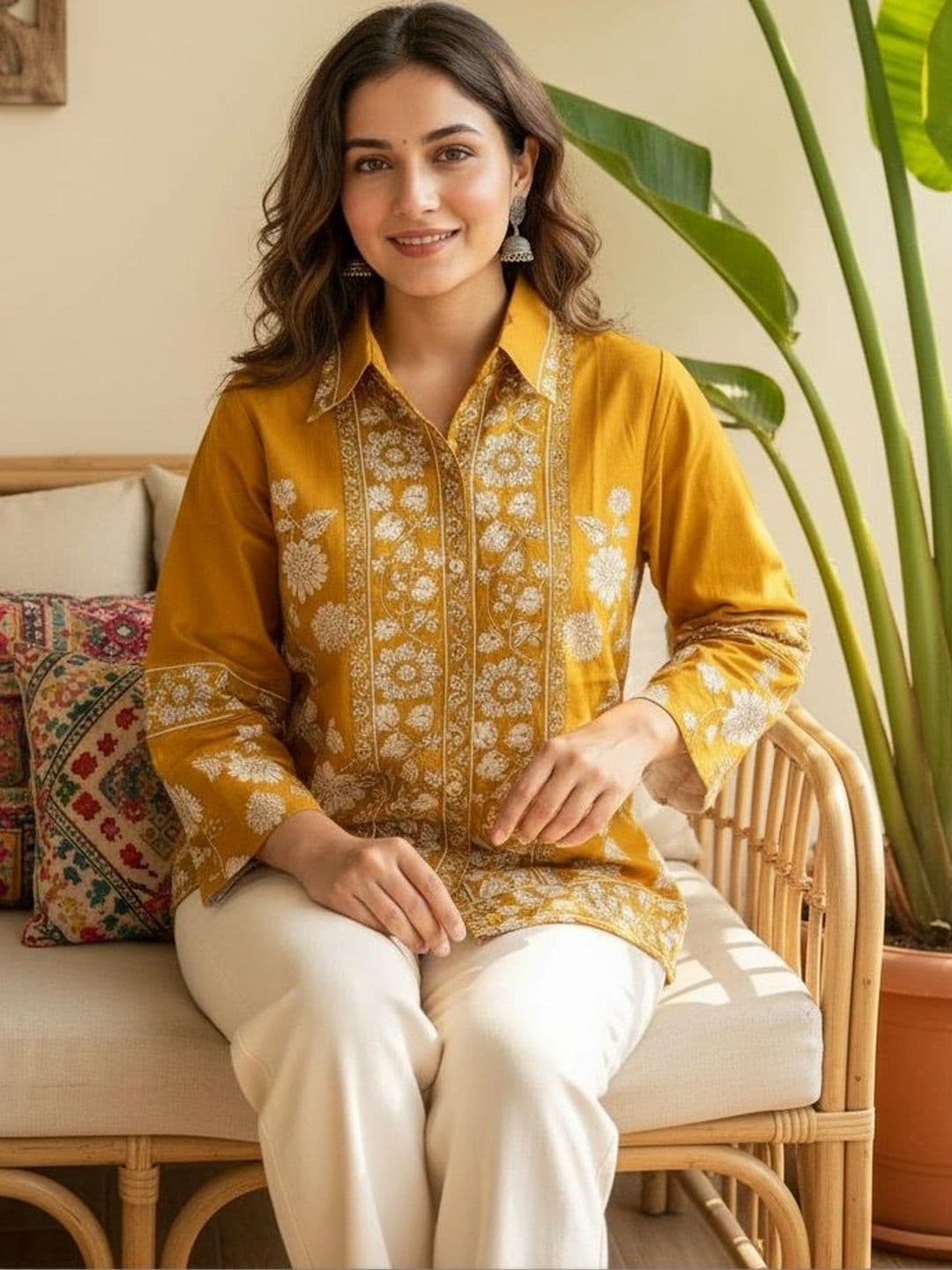 Anouk Floral Embroidered Shirt Collar Thread Work Pure Cotton Blend Thread Work Kurti thumbnail 4