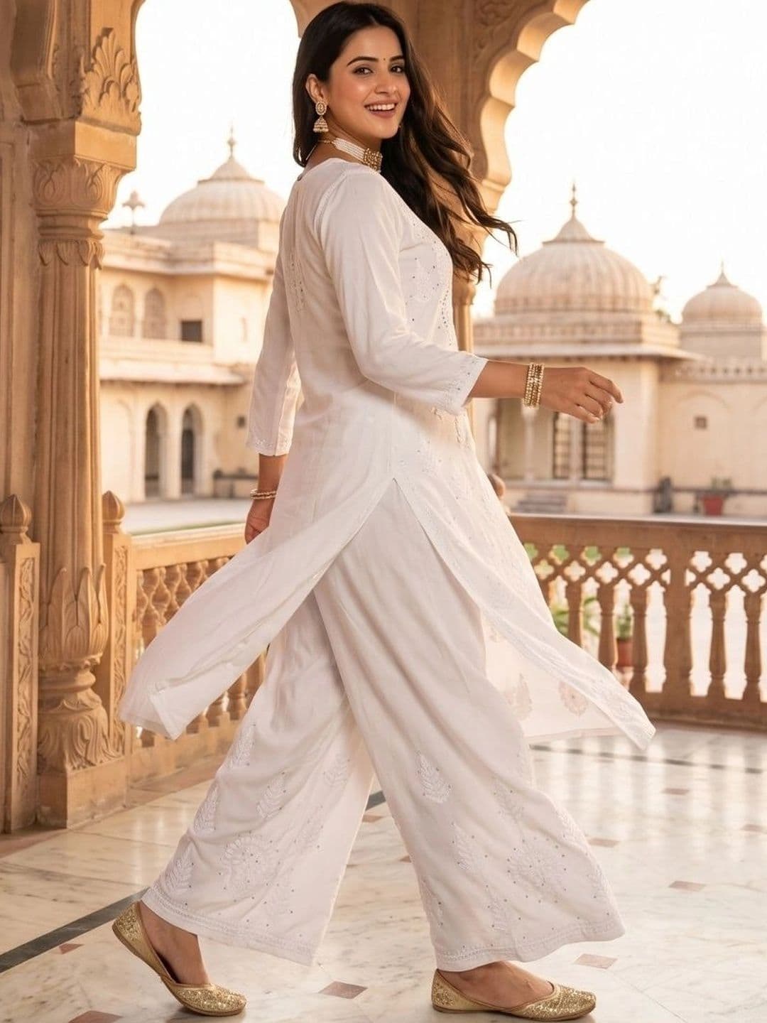 Fashion Chikan Art Women Ethnic Motifs Embroidered Regular Thread Work Kurta with Palazzos thumbnail 2