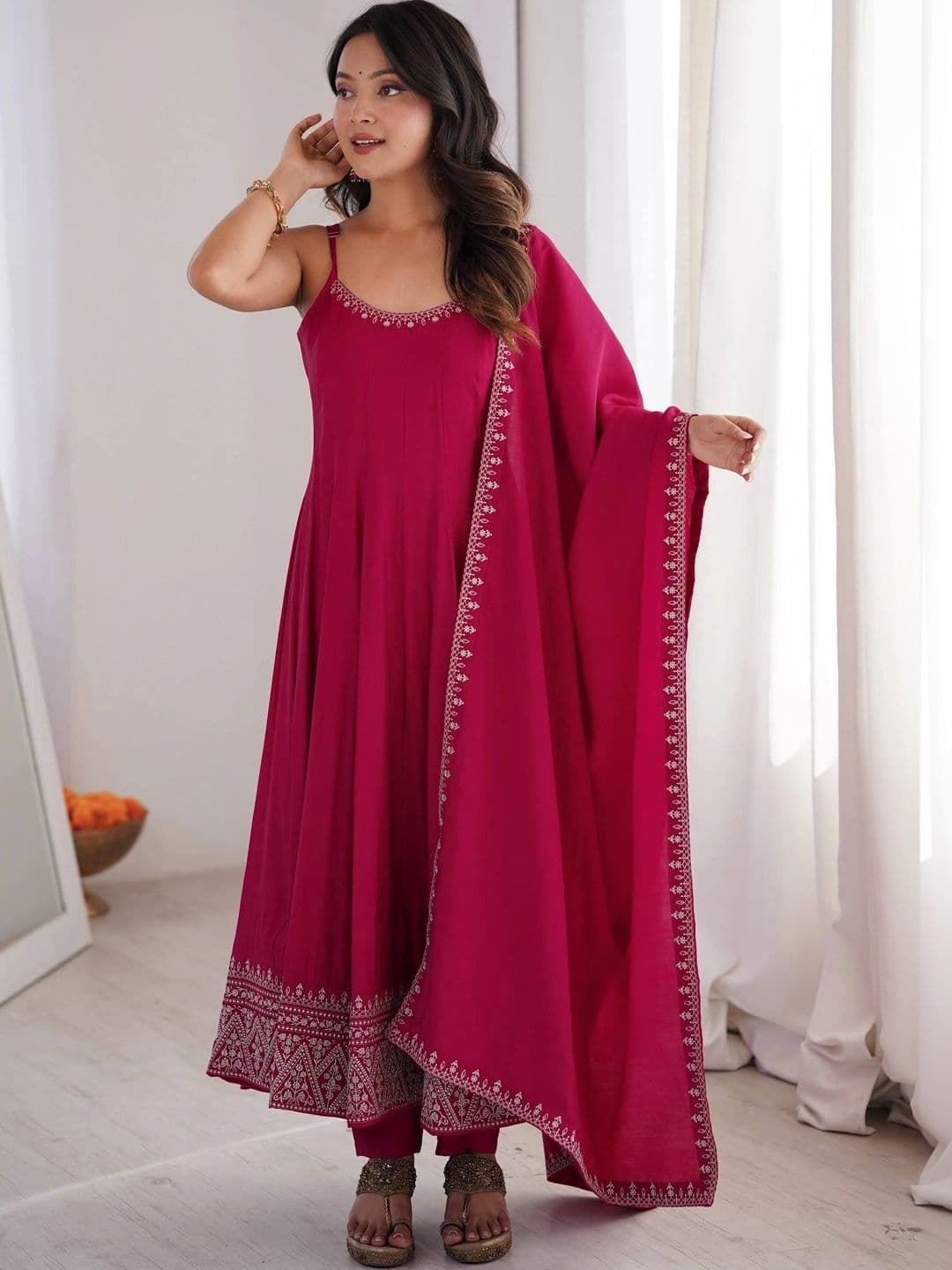 VASTRABELLA Women Ethnic Motifs Embroidered Regular Thread Work Chanderi Silk Kurta with Trousers & With - view 1
