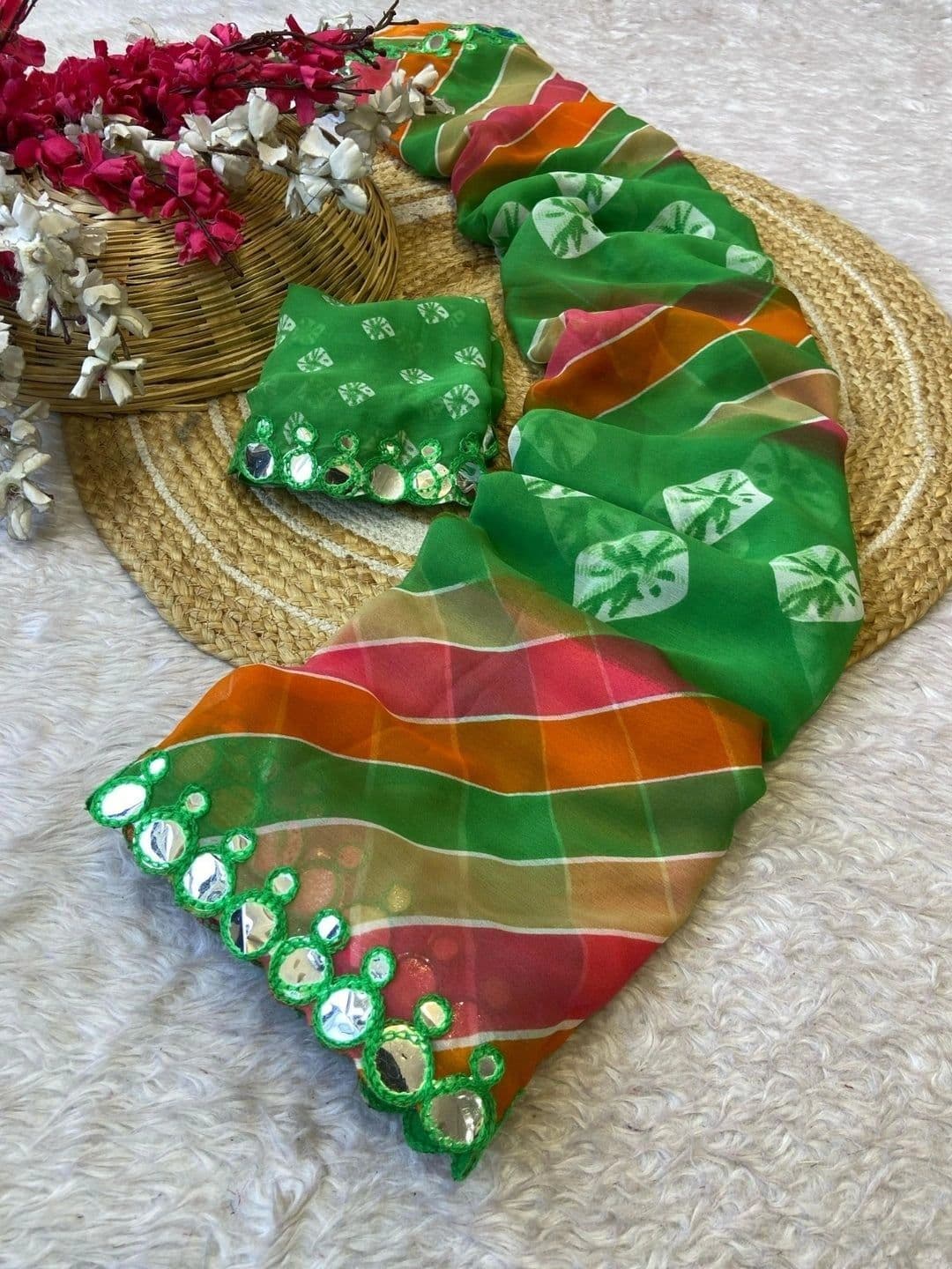 Peachmode Bandhani Mirror Work Poly Georgette Heavy Work Saree thumbnail 2