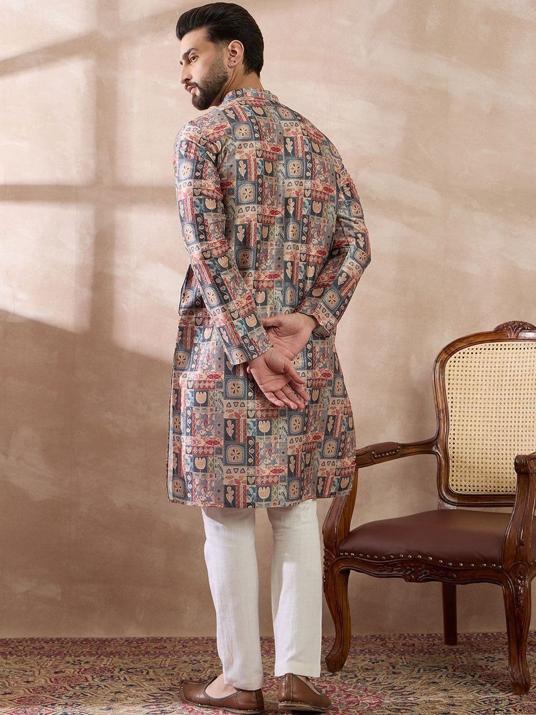 House of Pataudi Printed Mandarin Collar Calf Length Straight Kurta thumbnail 7
