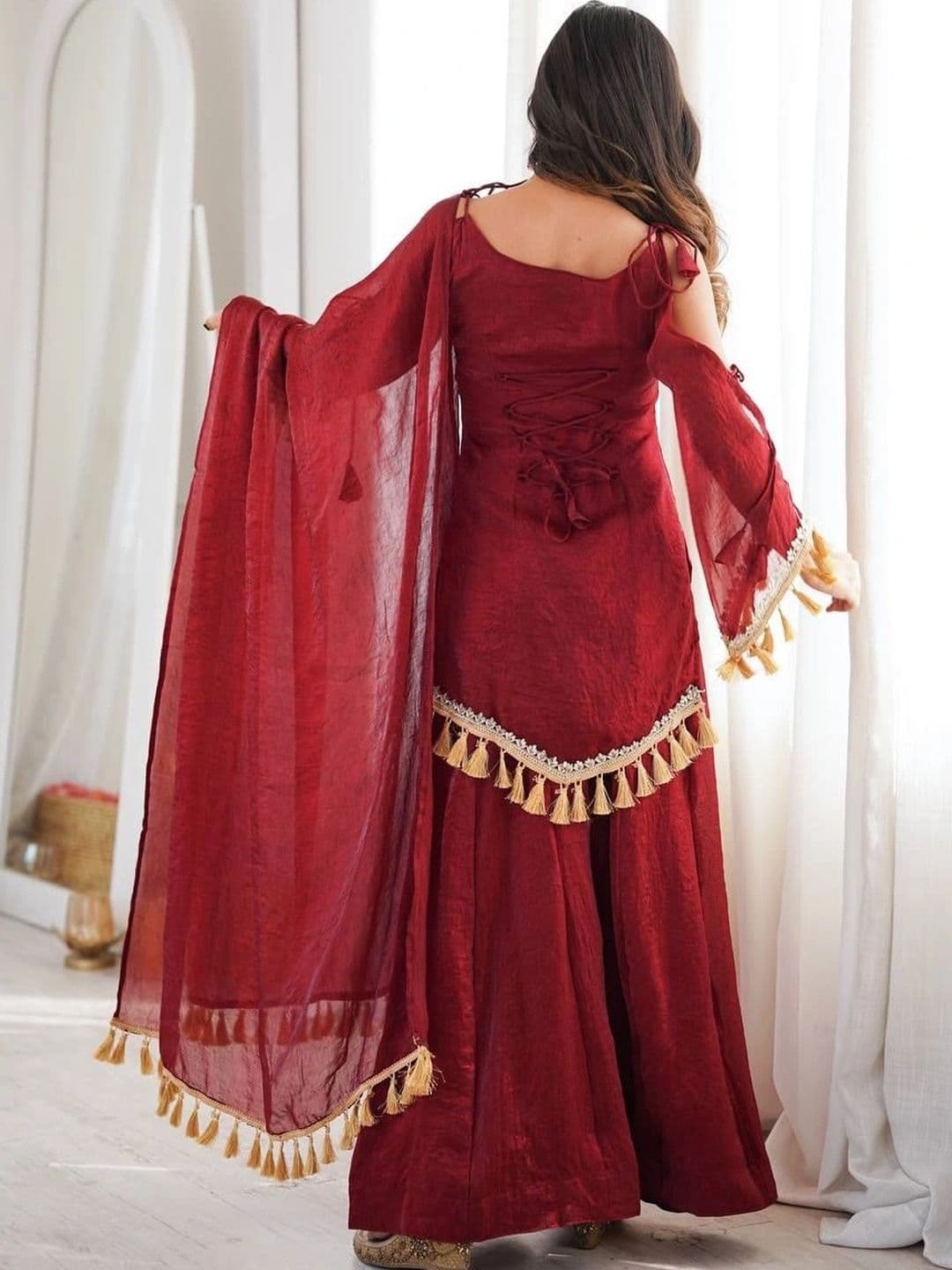 VASTRABELLA Women Regular Gotta Patti Pure Silk Kurta with Sharara & With Dupatta thumbnail 2