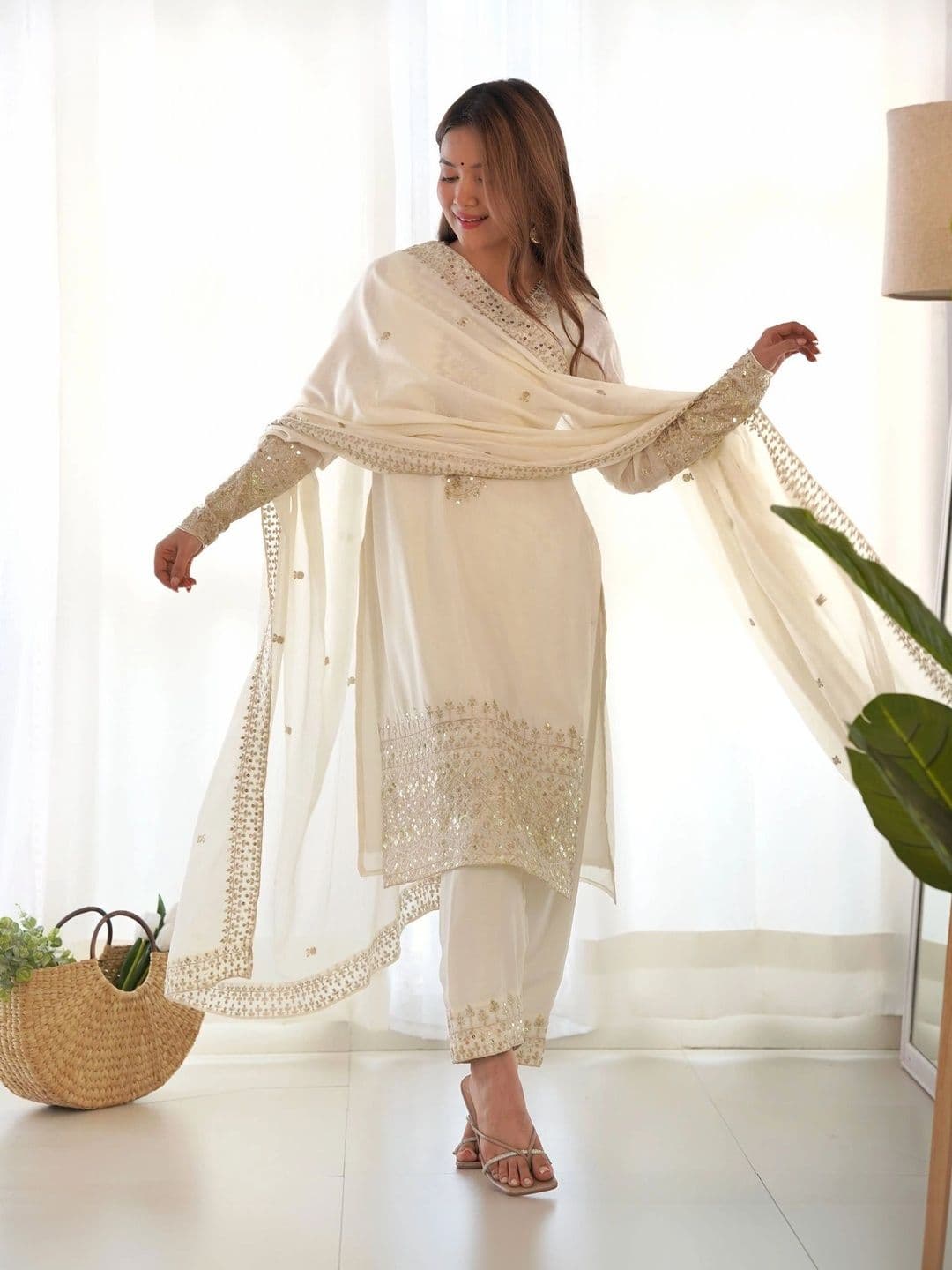VASTRABELLA Women Ethnic Motifs Embroidered Regular Sequinned Kurta with Trousers & With Dupatta thumbnail 7