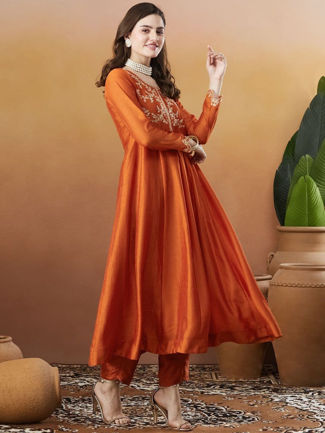 Colors  of Earth Colors of Earth Silk Embroidered Anarkali Kurta And Pant With Dupatta thumbnail 3