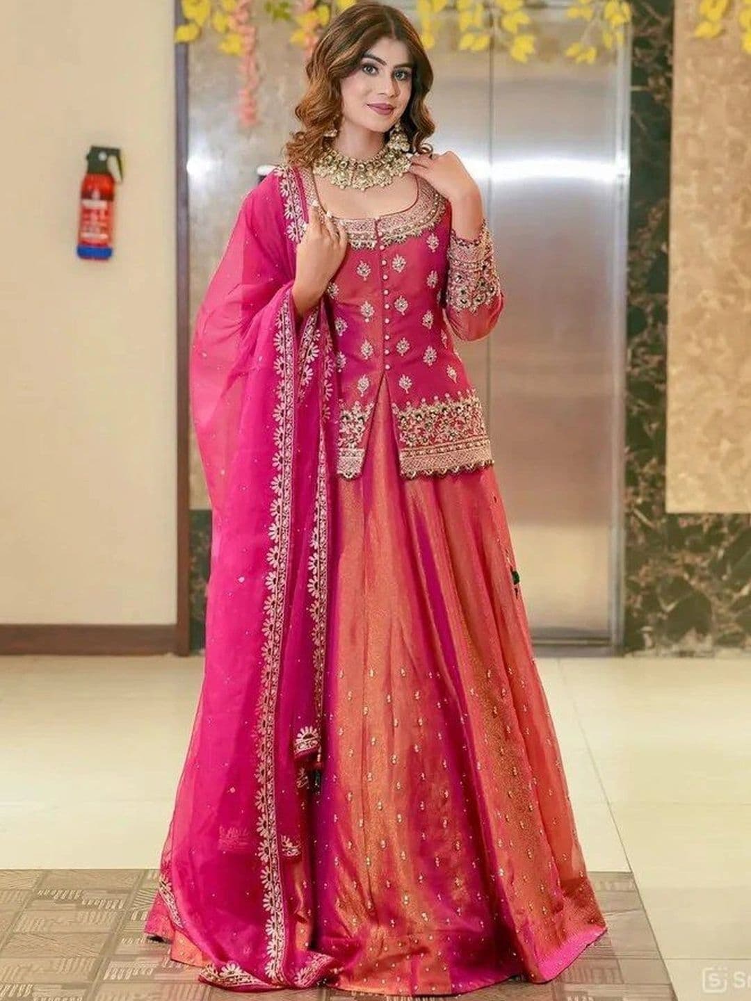 BLUSH STREET Embroidered Thread Work Semi-Stitched Lehenga & Blouse With Dupatta - view 1