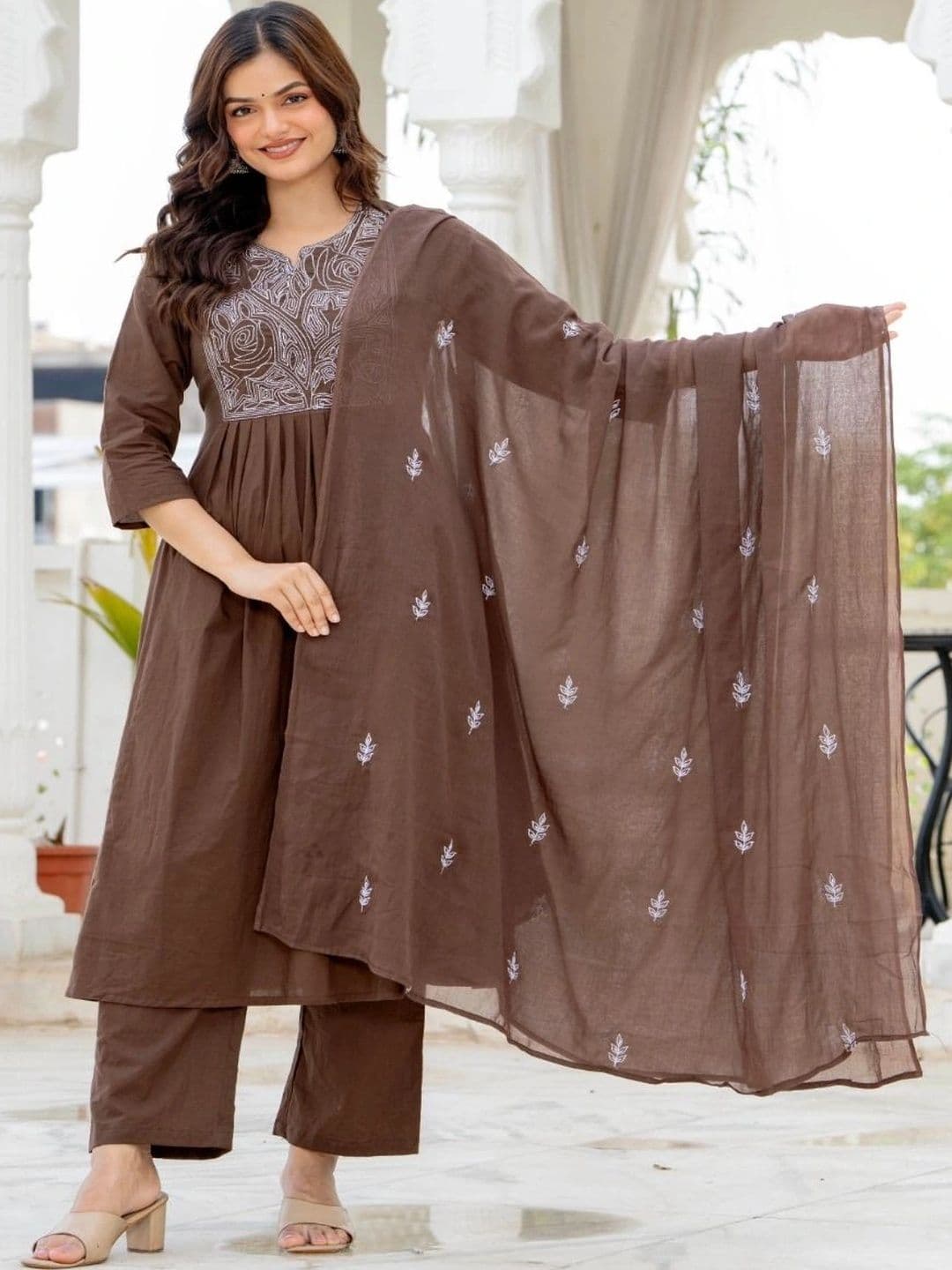 HERE&NOW Women Ethnic Motifs Embroidered Pleated Thread Work Pure Cotton Kurta with Trousers & With Dupatta thumbnail 3