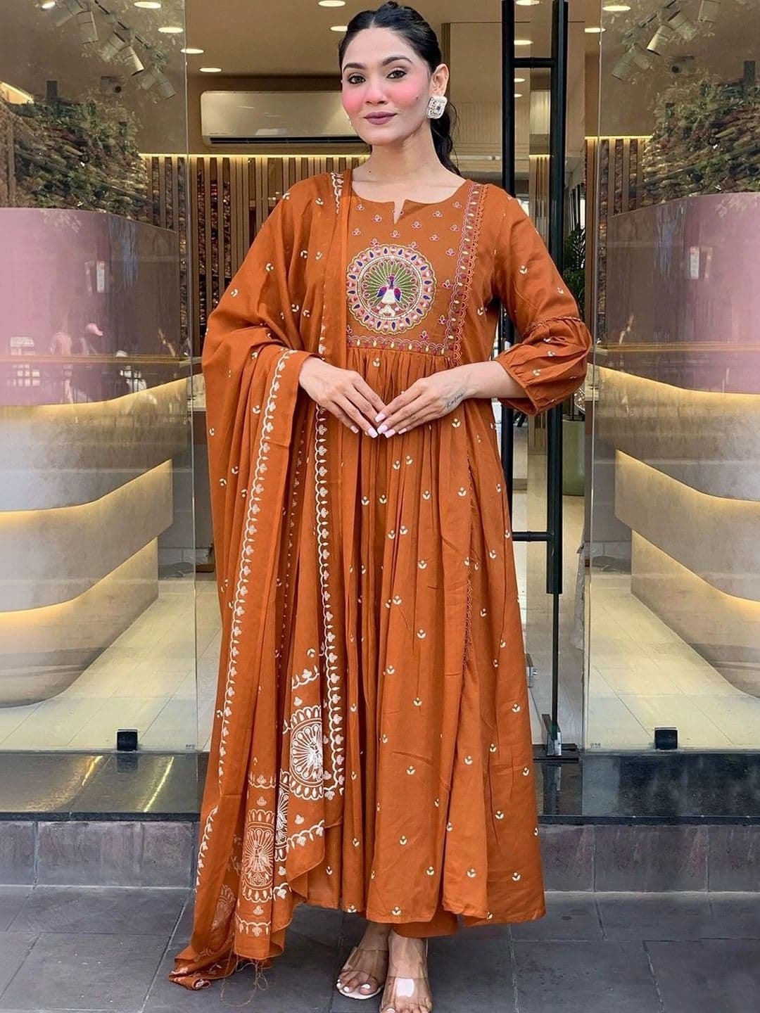 FIC FUSION CULTURE Women Ethnic Motifs Embroidered Empire Thread Work Kurta with Palazzos & With Dupatta thumbnail 6
