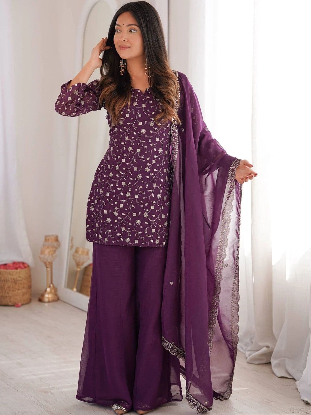 VASTRABELLA Women Ethnic Motifs Embroidered Regular Thread Work Kurta with Palazzos & With Dupatta thumbnail 7