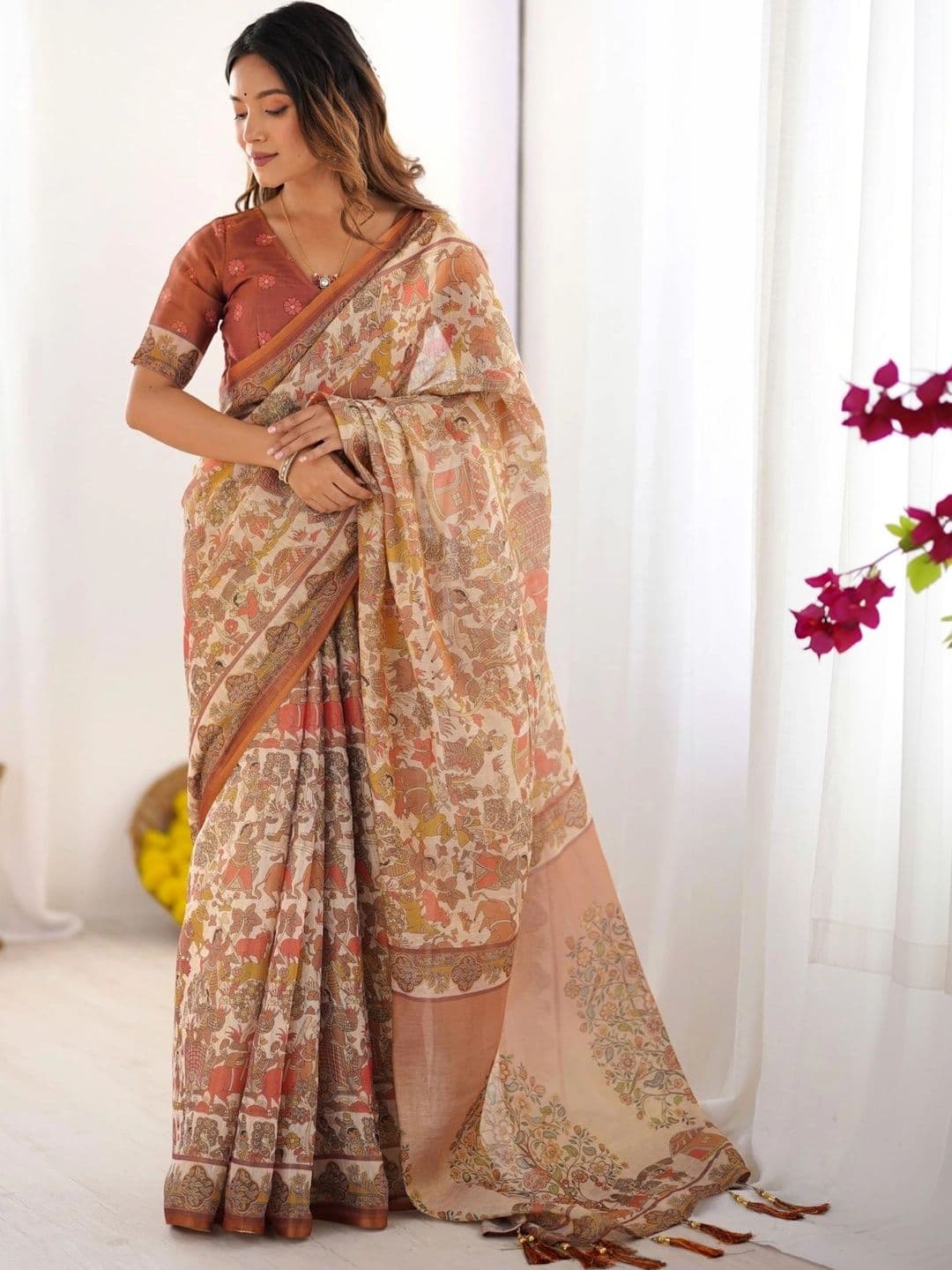 HOUSE OF PRANSHI Kalamkari Linen Blend Jamdani Saree thumbnail 5