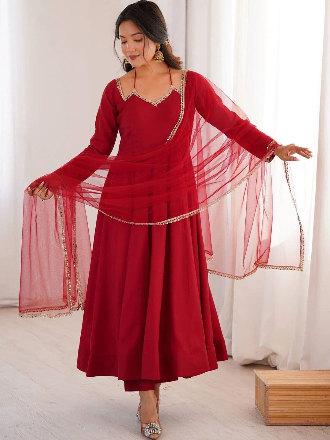 VASTRABELLA Women Regular Gotta Patti Chanderi Silk Kurta with Trousers & With Dupatta - view 1