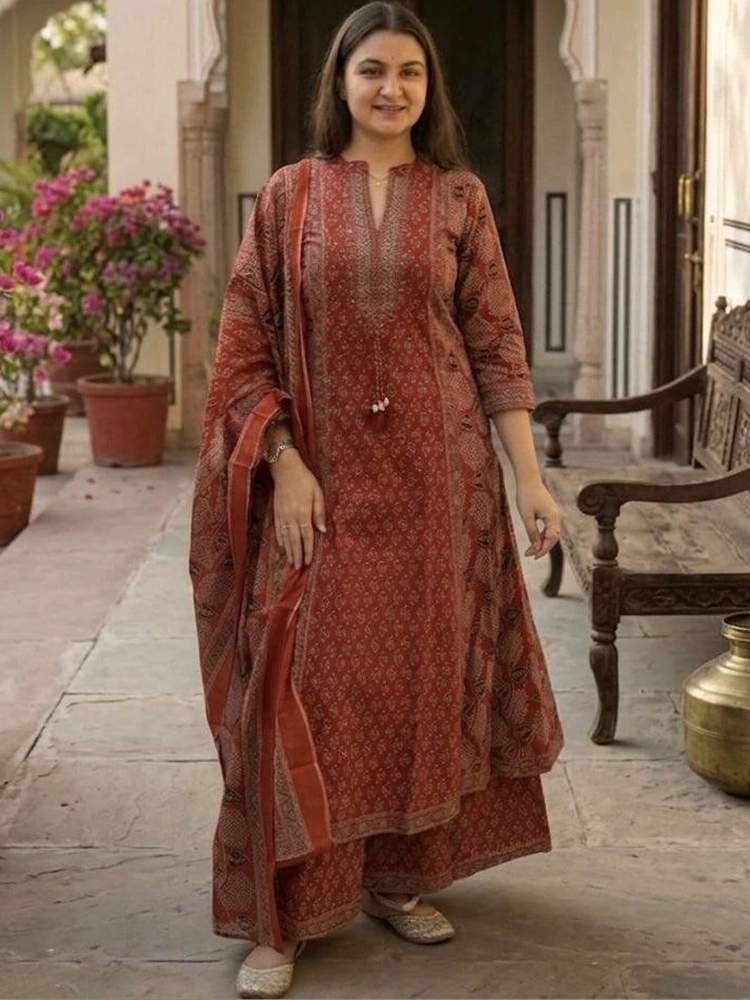 MILAAV Women Ethnic Motifs Printed Regular Pure Cotton Kurta with Palazzos & With Dupatta thumbnail 3