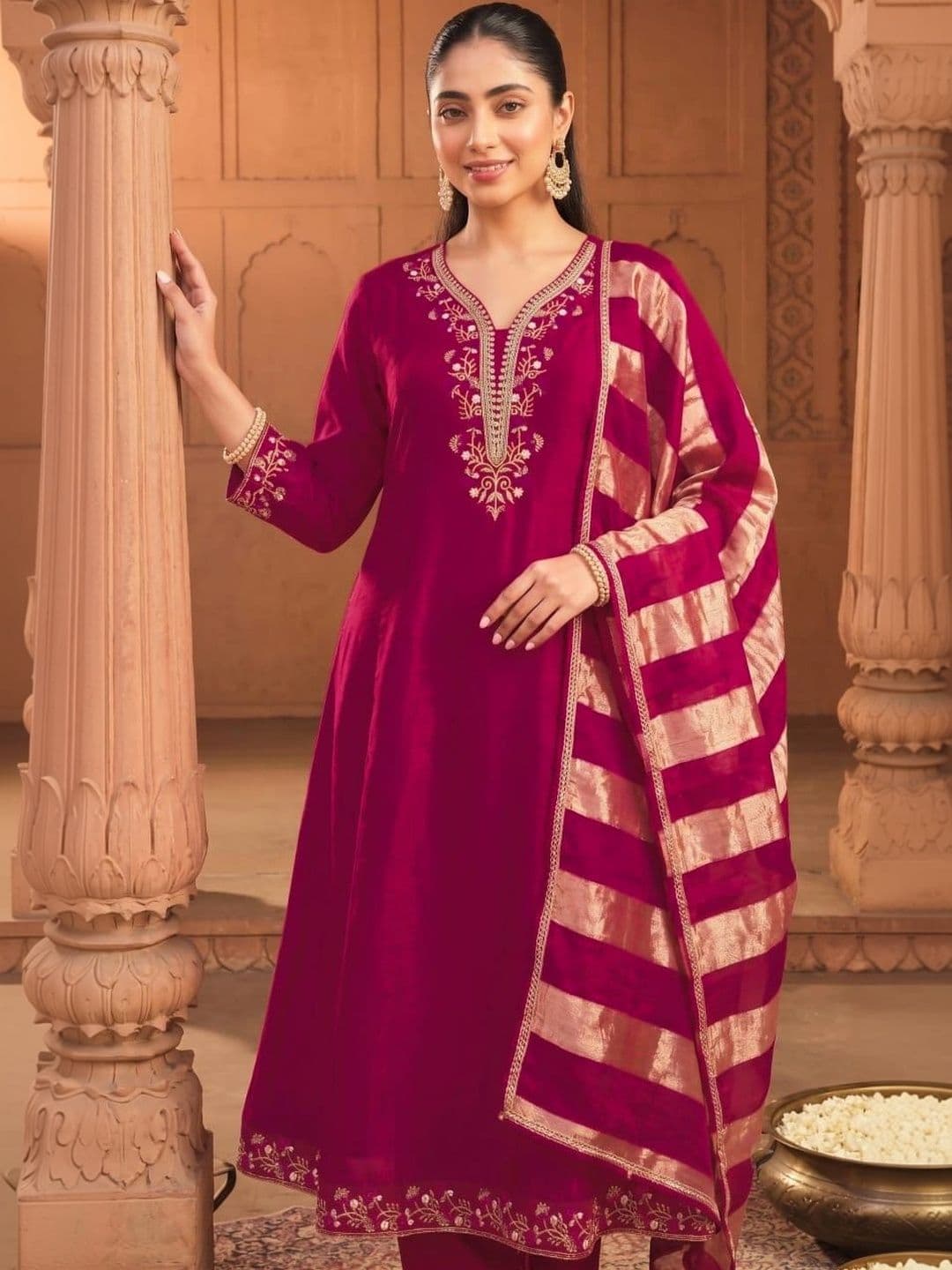 SMITSAREE Women Ethnic Motifs Embroidered Regular Kurta with Trousers & With Dupatta thumbnail 3