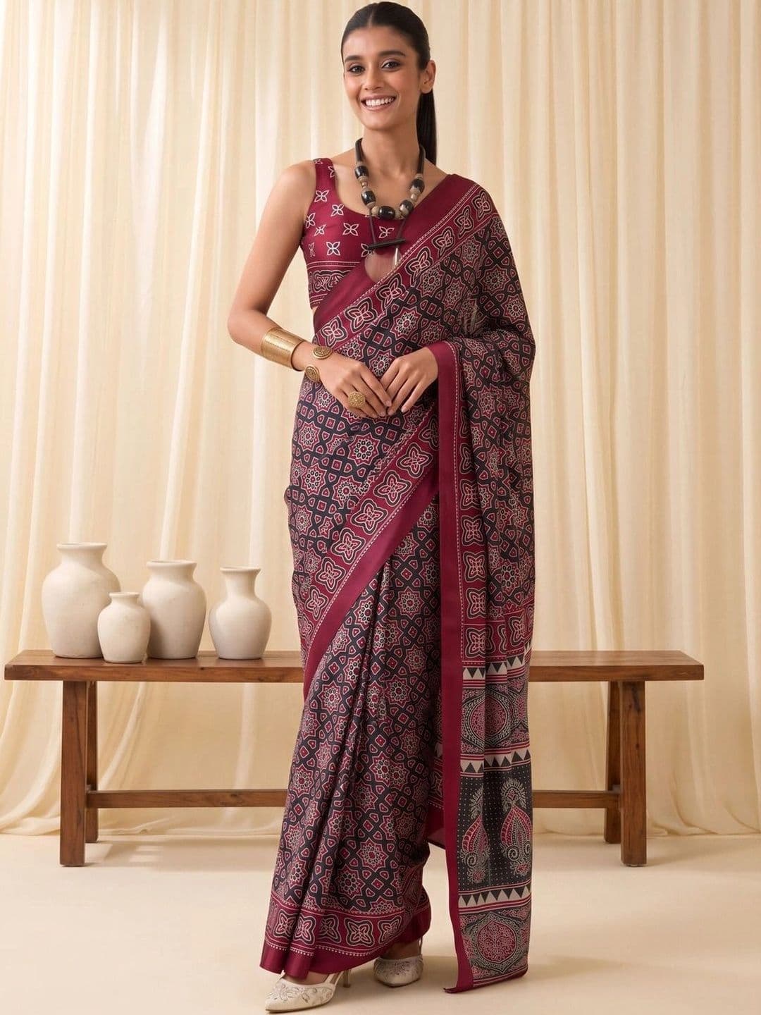Saree mall Ajrak Block Poly Crepe Designer Block Print Sarees - view 1