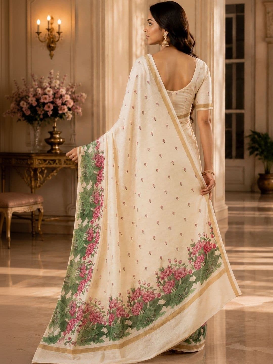 PMD Fashion Floral Pure Linen Handloom Saree thumbnail 2