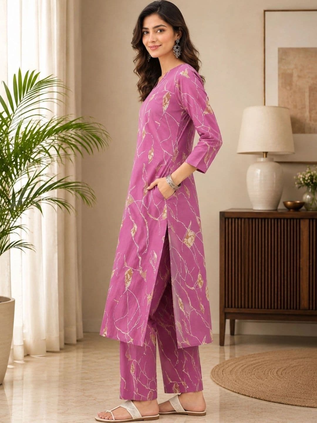 Sangria Women Printed Regular Kurta with Trousers thumbnail 2