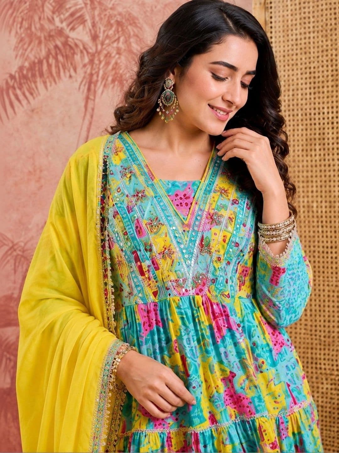 Sangria Printed Mirror Work Anarkali Kurta Set With Tasseled Dupatta thumbnail 2