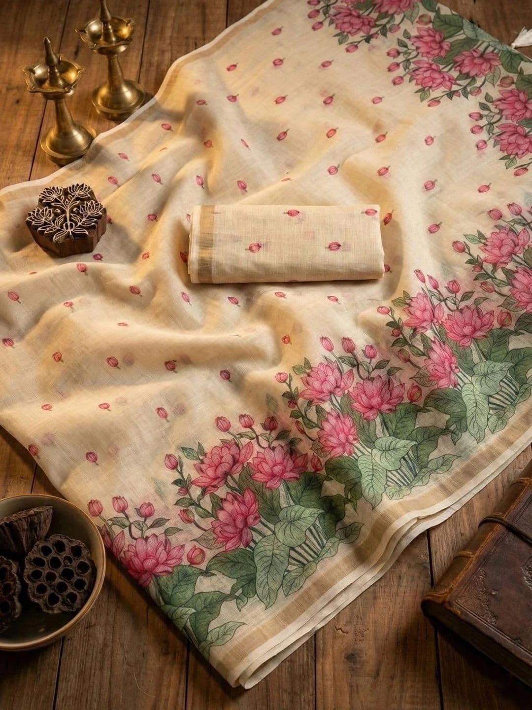 PMD Fashion Floral Pure Linen Handloom Saree thumbnail 4