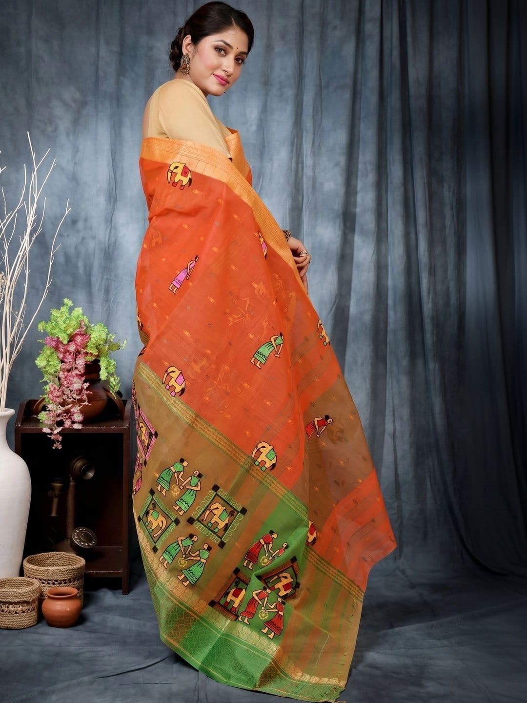 GitAsit Warli Sequinned Pure Cotton Handloom Taant Saree thumbnail 4