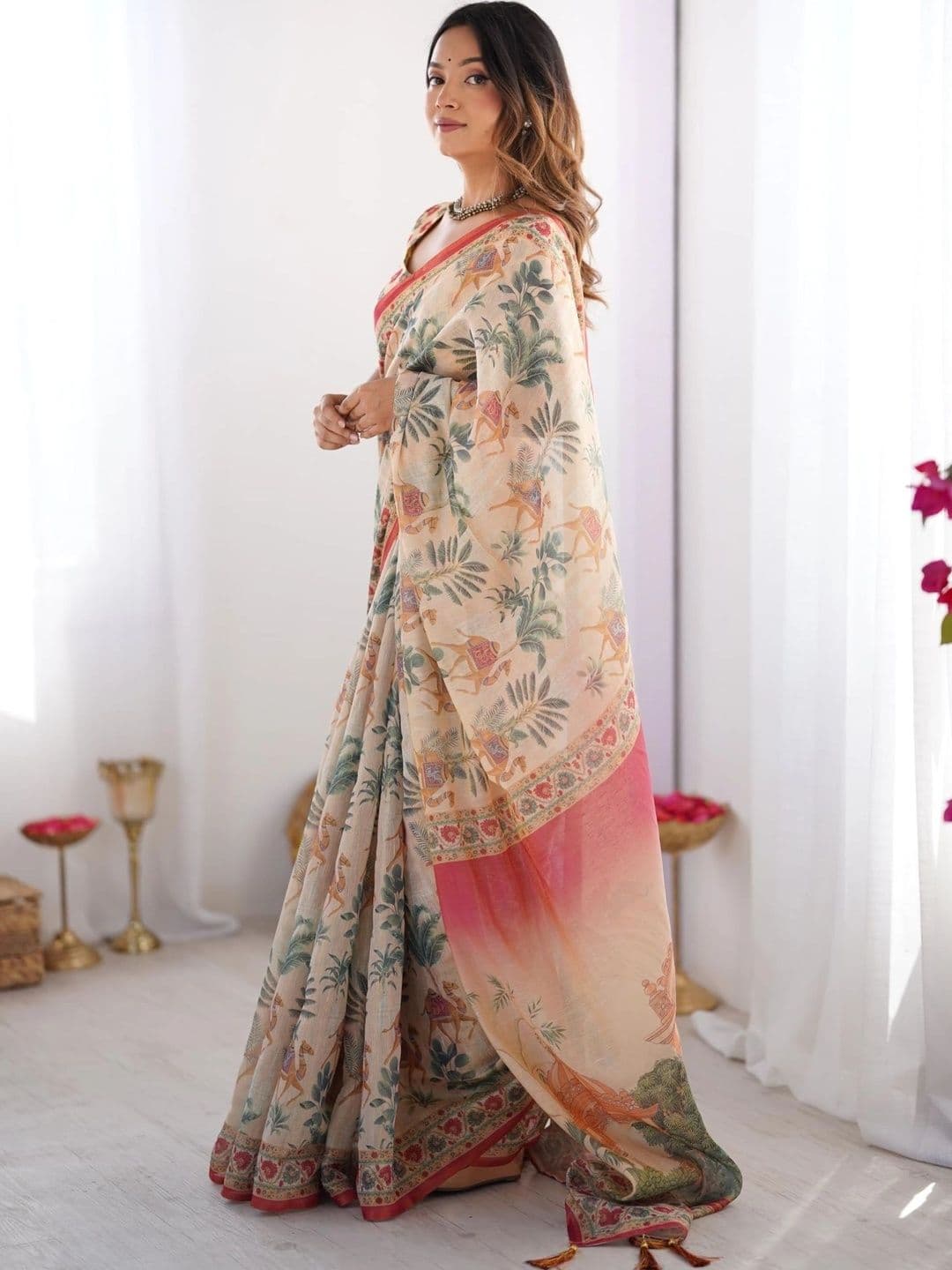 HOUSE OF PRANSHI Warli Linen Blend Jamdani Saree thumbnail 5
