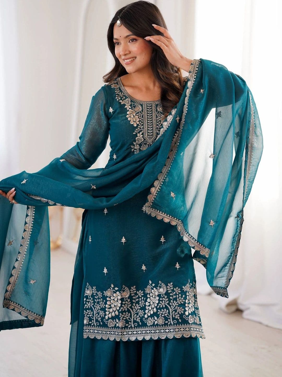 VASTRABELLA Women Ethnic Motifs Embroidered Regular Kurta with Sharara & With Dupatta thumbnail 6